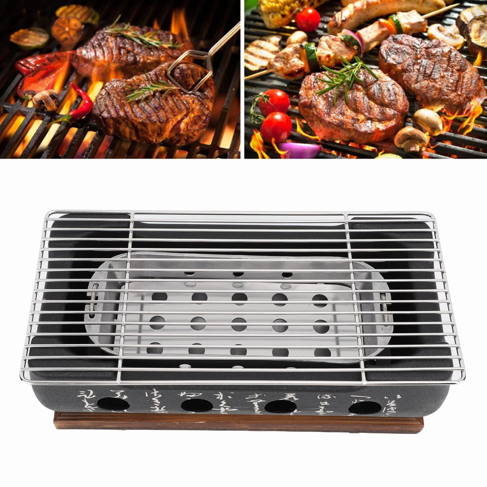 Przenośny Grill na Węgiel Drzewny w Stylu Japońskim Szybko Nagrzewająca się Płyta Druciana ze Stopu Aluminium na Spotkania Rodzinne, Kemping - Stop Aluminium, Drewno Kompozytowe (XL)