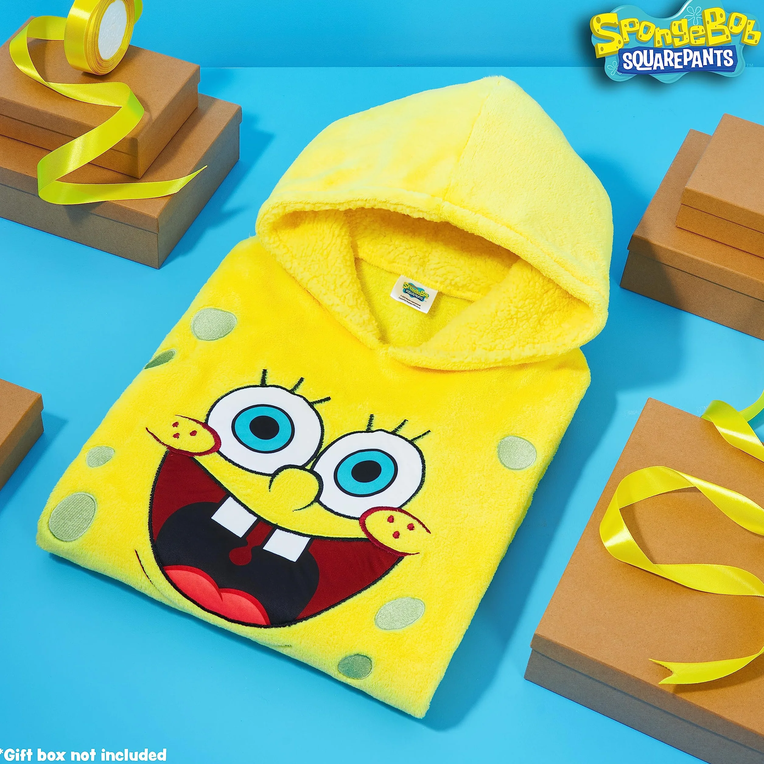 SPONGEBOB SQUAREPANTS Koc z Kapturem dla Dzieci Ponczo z Polaru dla Dziewczynek Chłopcy Nastolatki - Jeden Rozmiar Miękki Polarowy Koc z Kapturem - Oficjalne Prezenty dla Dzieci Żółty