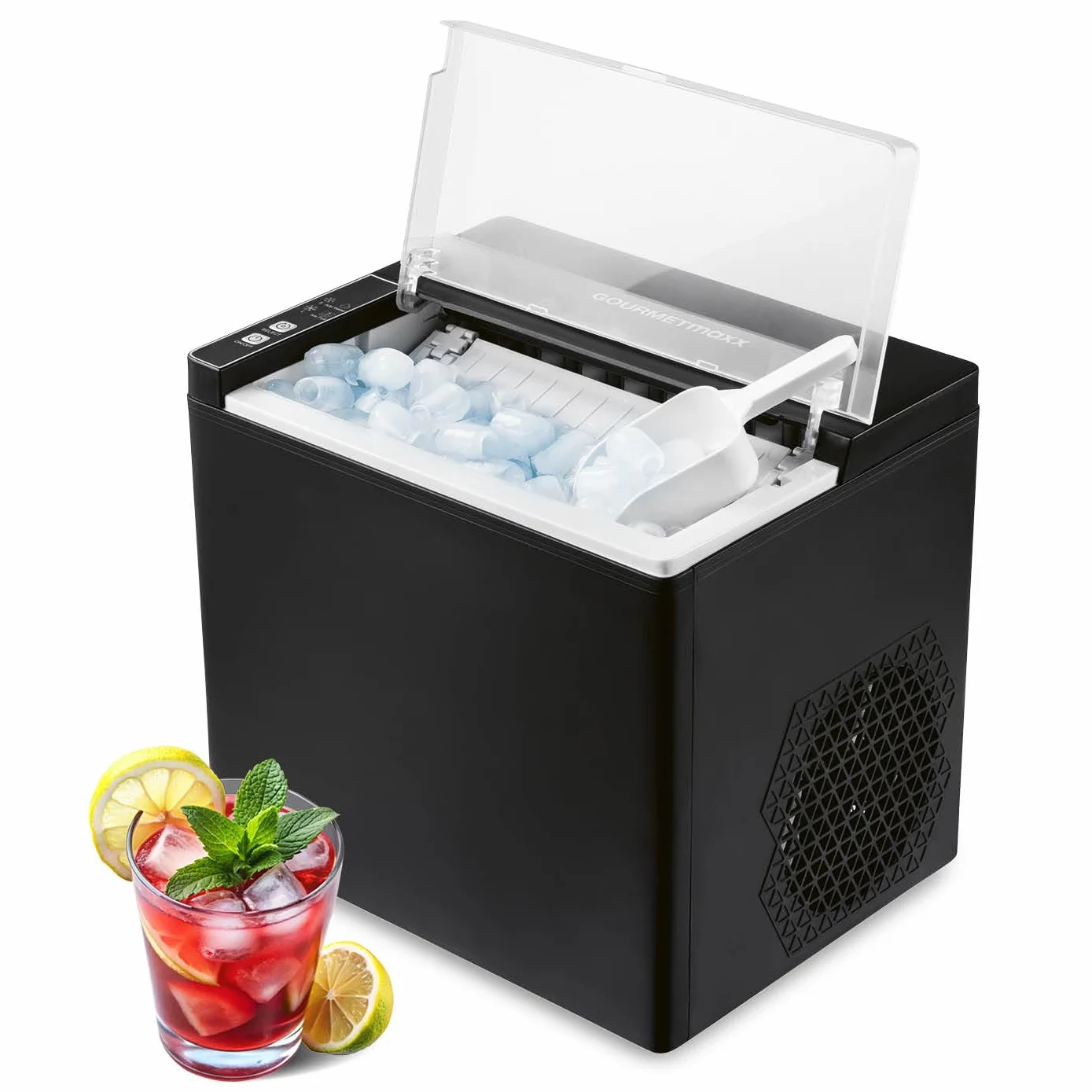 GOURMETmaxx kostkarka do lodu o mocy 150 W, na kemping i do współpracy, nie wymaga podłączenia wody, domowa kostkarka do lodu, w zestawie z pojemnikiem na odpady i łopatką do lodu, 12 kg dziennie