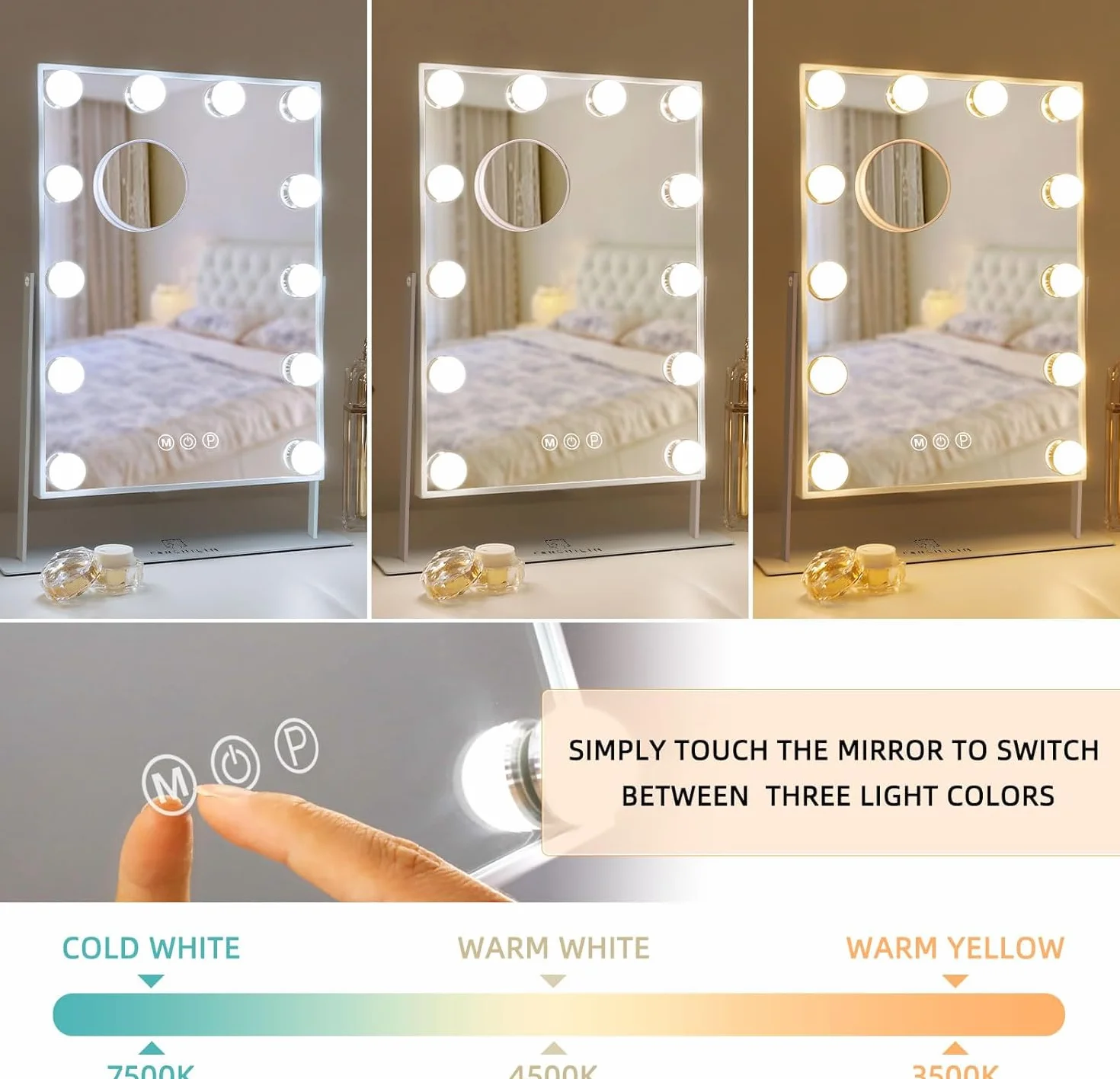 FENCHILIN Hollywood Lustro do makijażu z oświetleniem, 12 ściemnianych lamp LED, obracane o 360°, lusterko kosmetyczne z 3 kolorami światła, 10-krotne powiększenie, dotykowe sterowanie, białe, 30 x 41