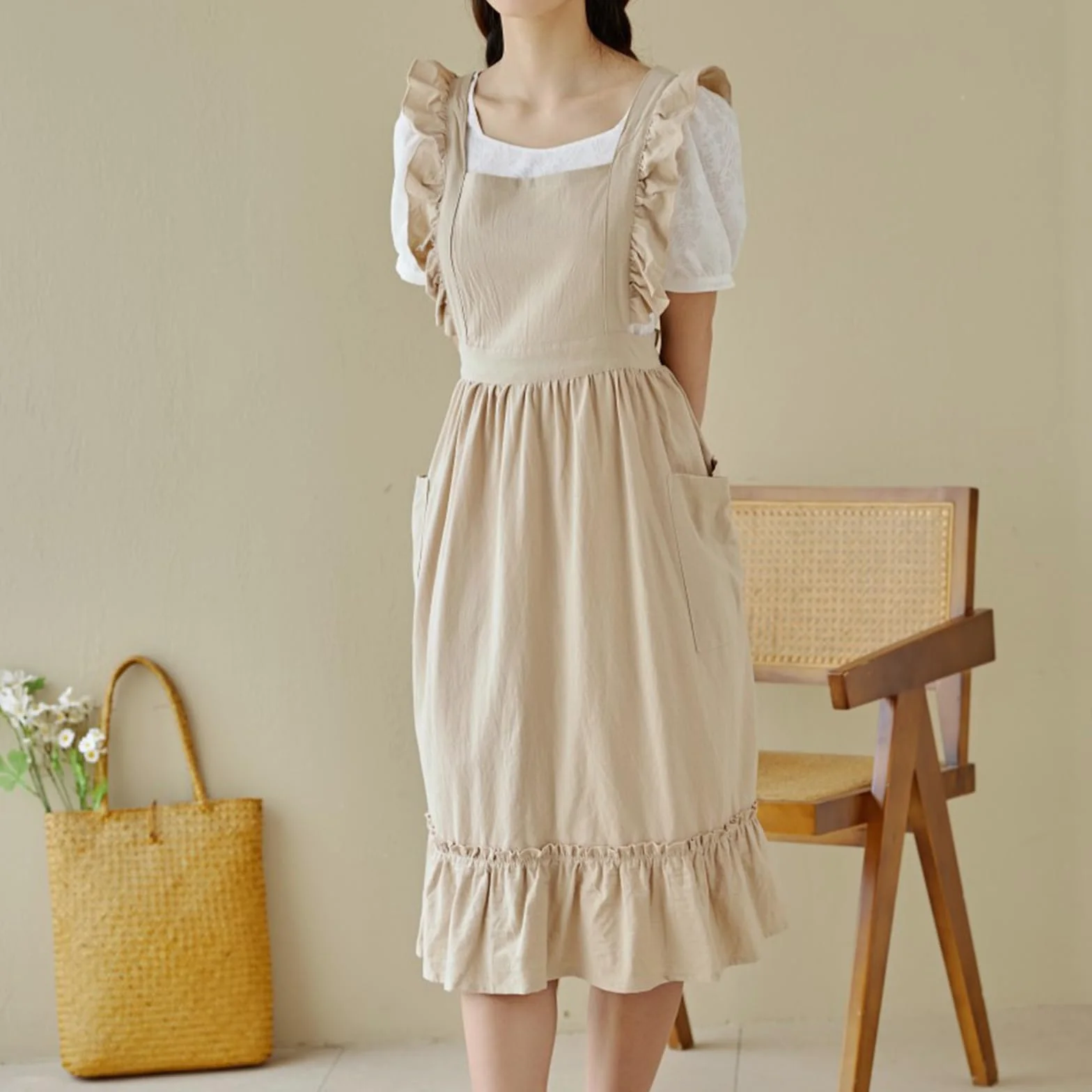 Retro Damskie Fartuchy Z 2 Kieszeniami - Bawełniany Fartuchów Seksowny Do Kuchnia Gotowanie OgroduBeige,One Size