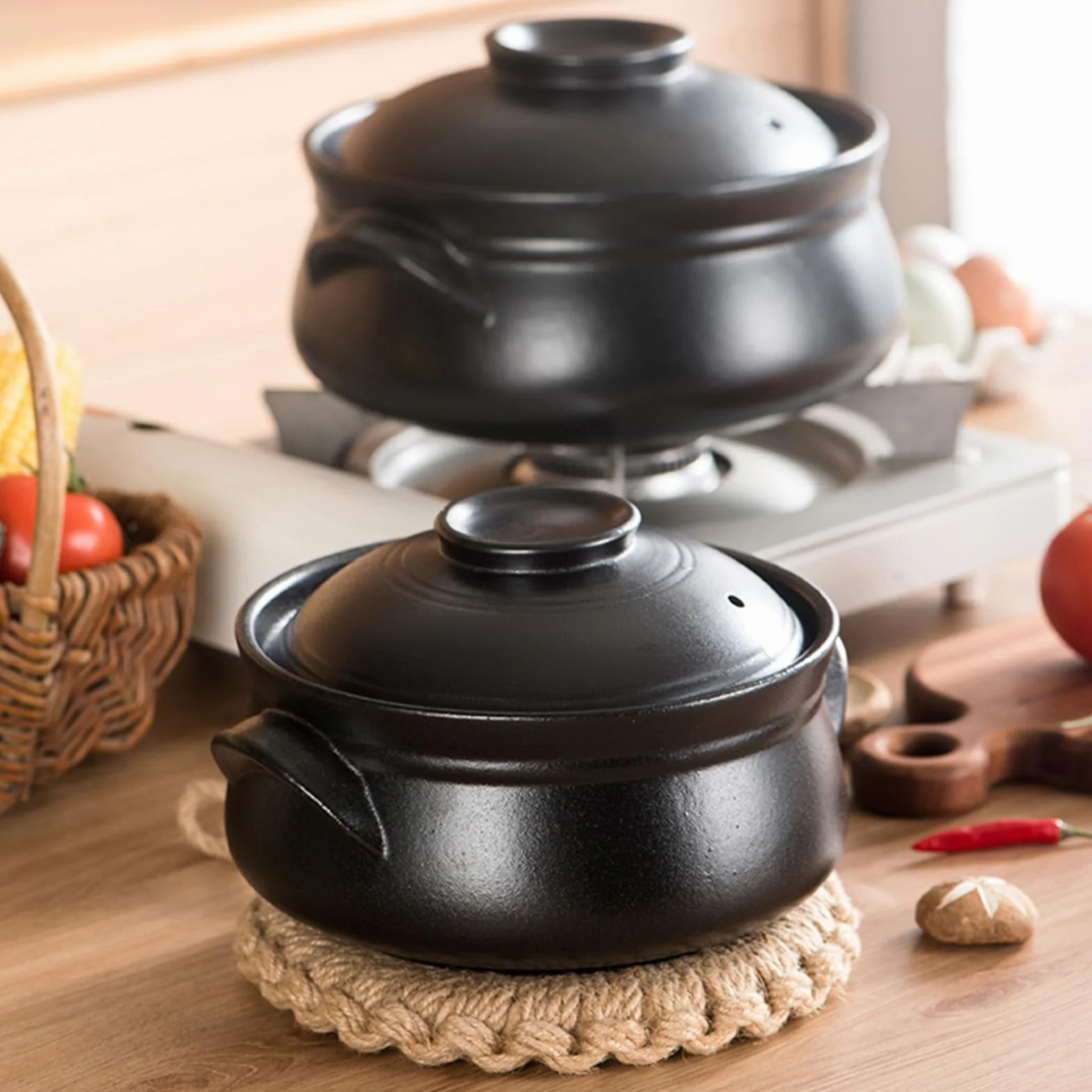 Ceramiczny garnek do gotowania, porcelanowa miska do zupy z uchwytem, zapiekanka i naczynia do gotowania na parze do makaronu i ryżu, zawiera pokrywkę i podwójną ceramiczną konstrukcję