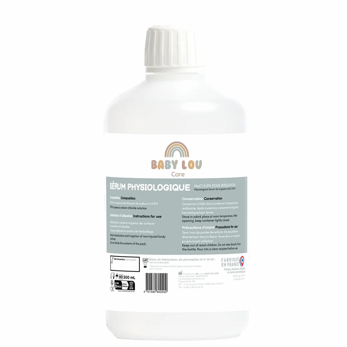 Butelka fizjologicznego roztworu soli 500 ml, NaCl 0,9%, wyprodukowano we Francji, oczyszczanie przewodów nosowych, higiena nosa, do nawadniania zewnętrznego