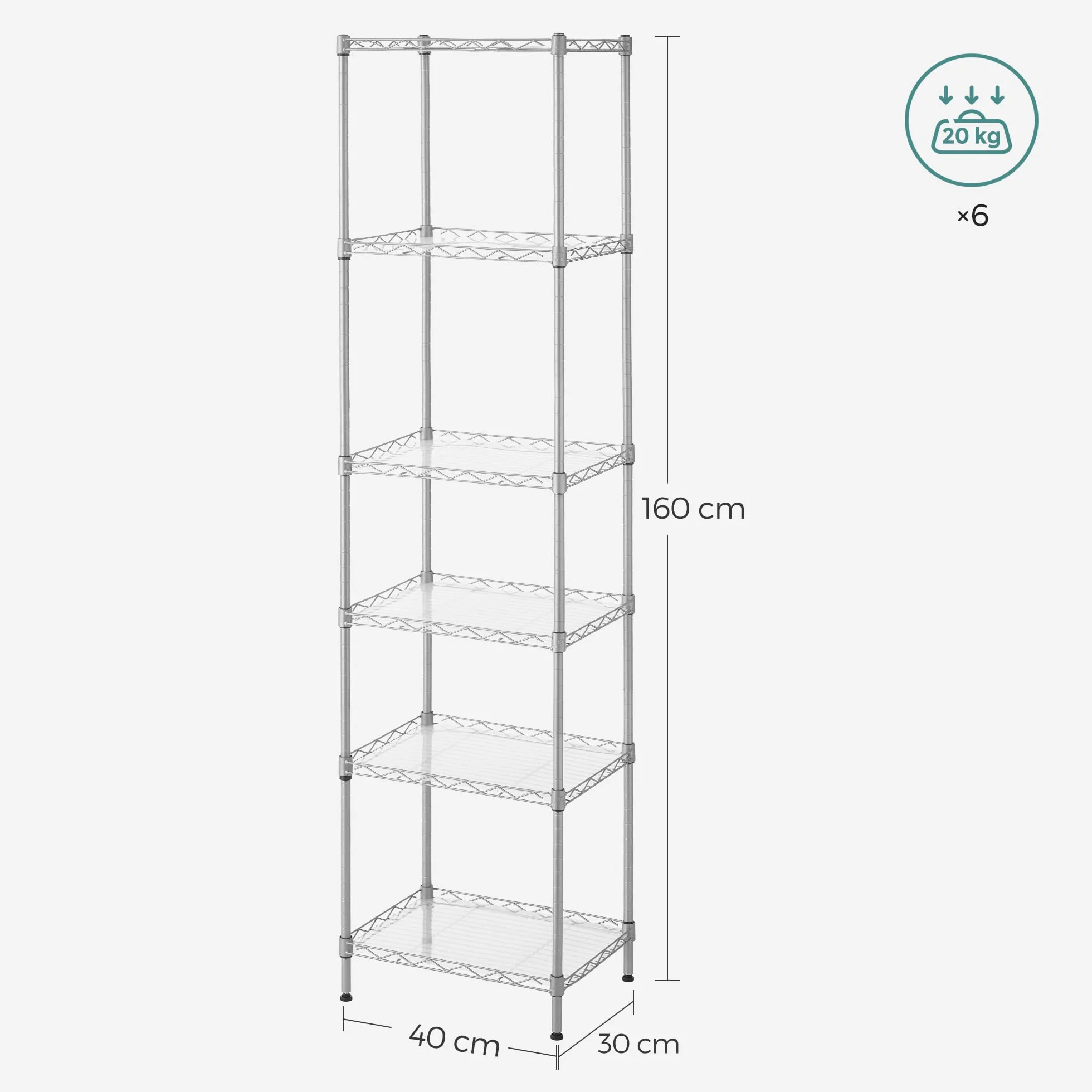 SONGMICS Półka kuchenna metalowa 6 poziomów regulowana wysokość 120 kg srebrny LGR116E01