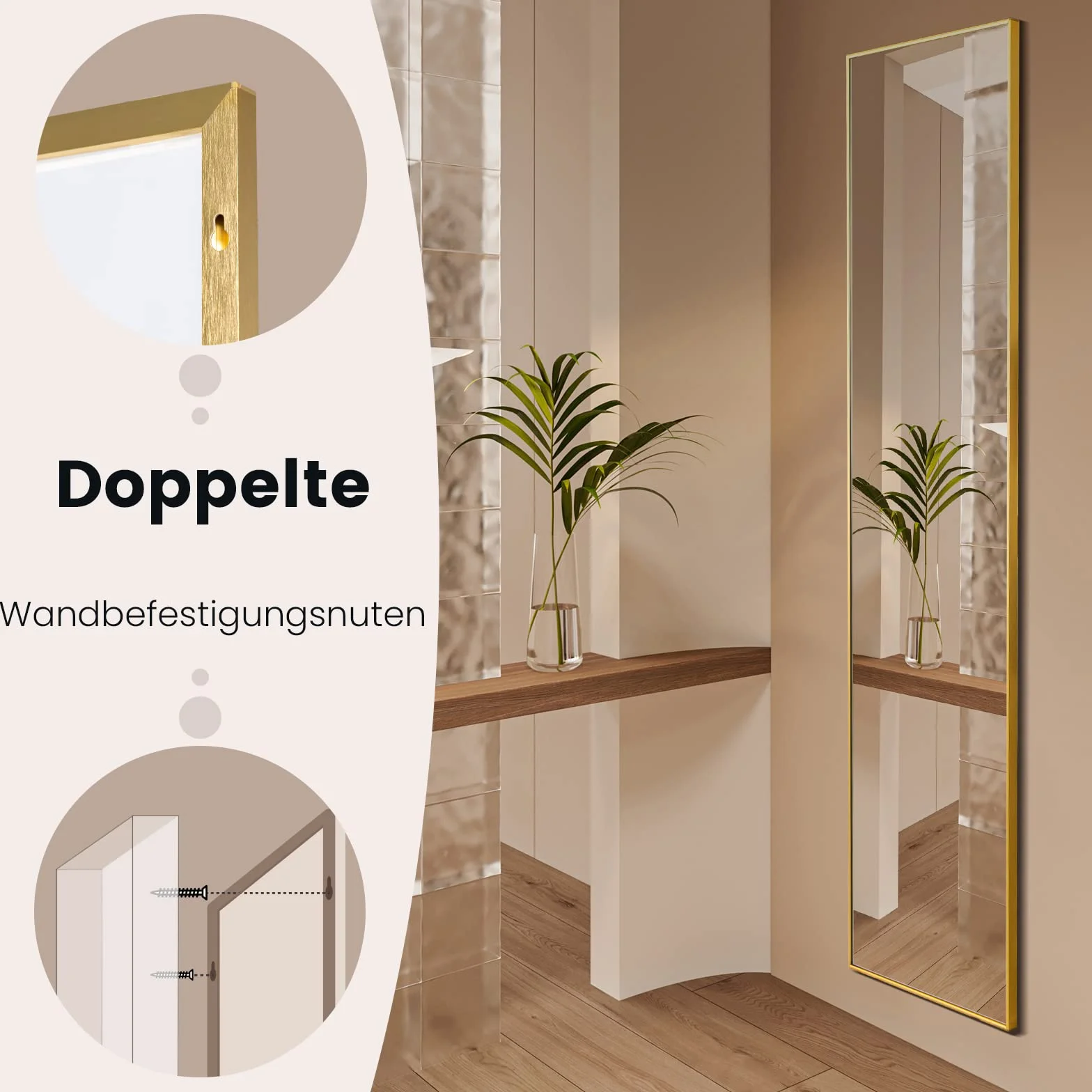 COSTWAY Lustro stojące i ścienne 2 w 1, 160 x 40 cm, do garderoby, do sypialni, salonu i wejścia (kolor złoty)