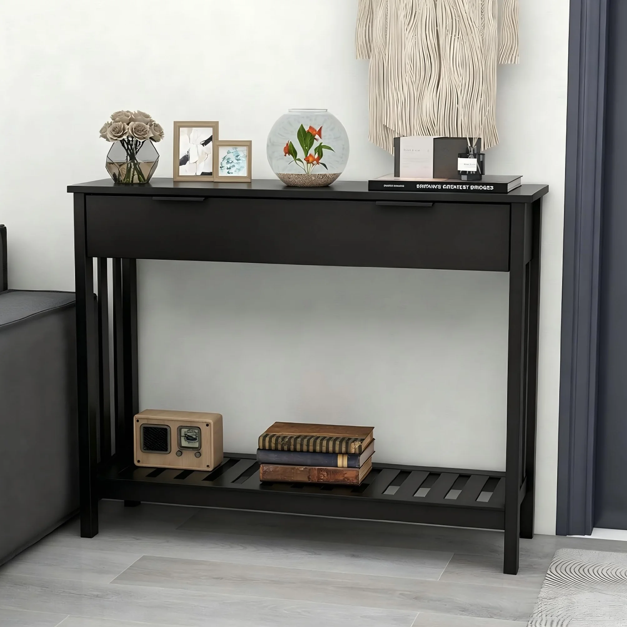 Konsola do przedpokoju, szafka do korytarza, wąska z szafkami, drewniana konsola z półką, wejście, salon, stolik boczny, wąski bufet, 30 x 100 x 75,5 cm, czarna – 2 drzwi do przechowywania