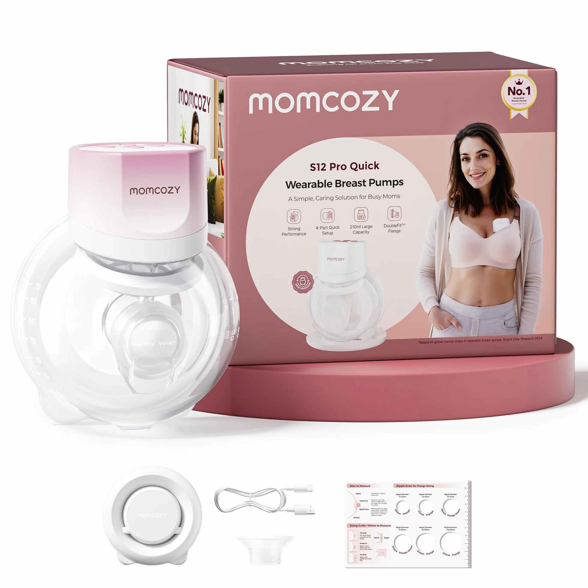 Momcozy Laktator S12 Pro Quick, Bezprzewodowy i Przenośny Laktator Elektryczny do Wolnych Rąk, Końcówka Hybrydowa DoubleFit™, 3 Tryby i 9 Poziomów, 1 Sztuka, Różowy