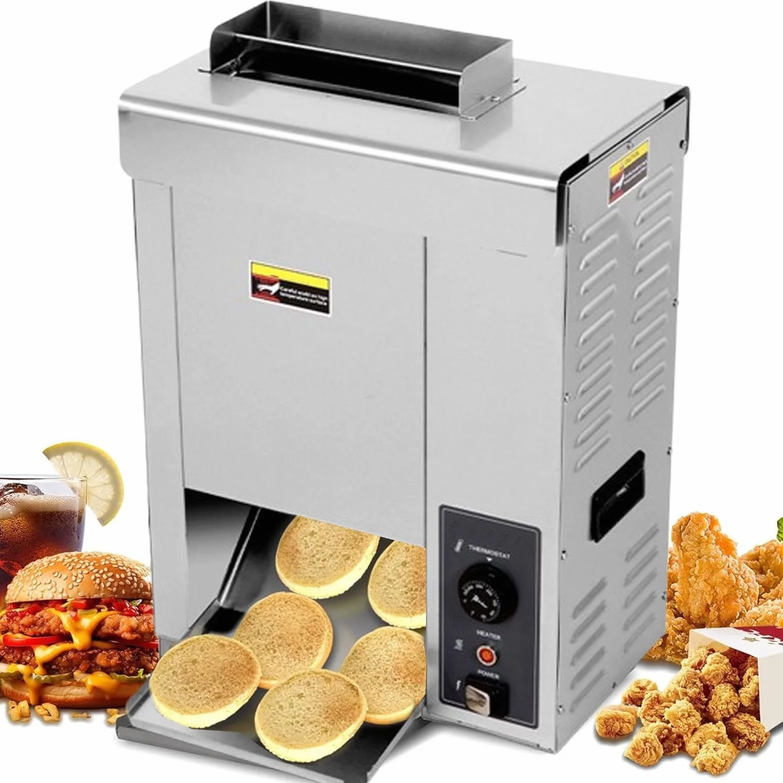 Elektryczny pionowy toster hamburgerów mocy 2kW,regulowana 50–300℃ | Komercyjna maszyna bułek burgerów,regulacja grubości,równomierne ogrzewanie,nieprzywierająca płyta do pieczenia