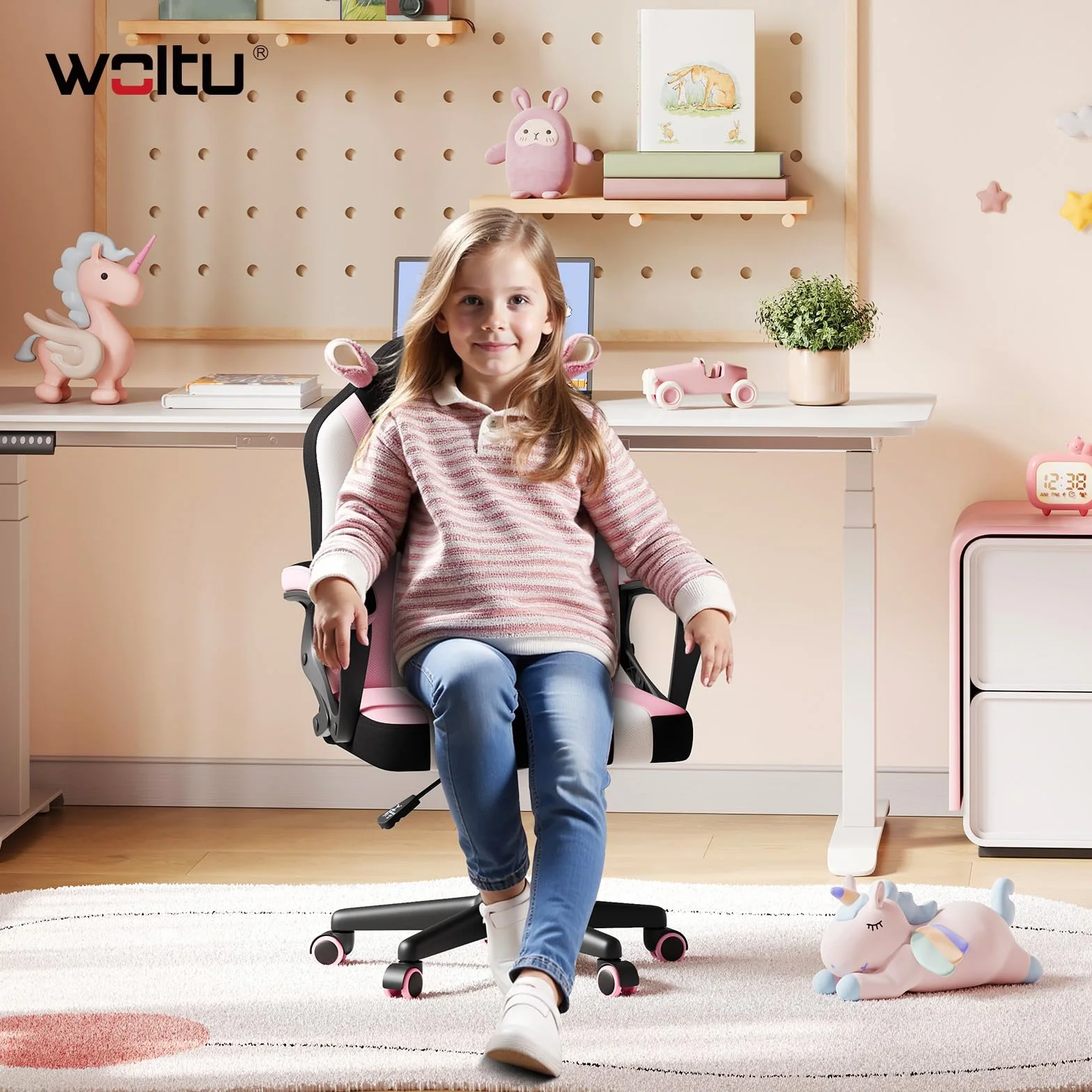 WOLTU Krzesło gamingowe dla dzieci ergonomiczne biurowe z oparciem podłokietnikami siatka różowe