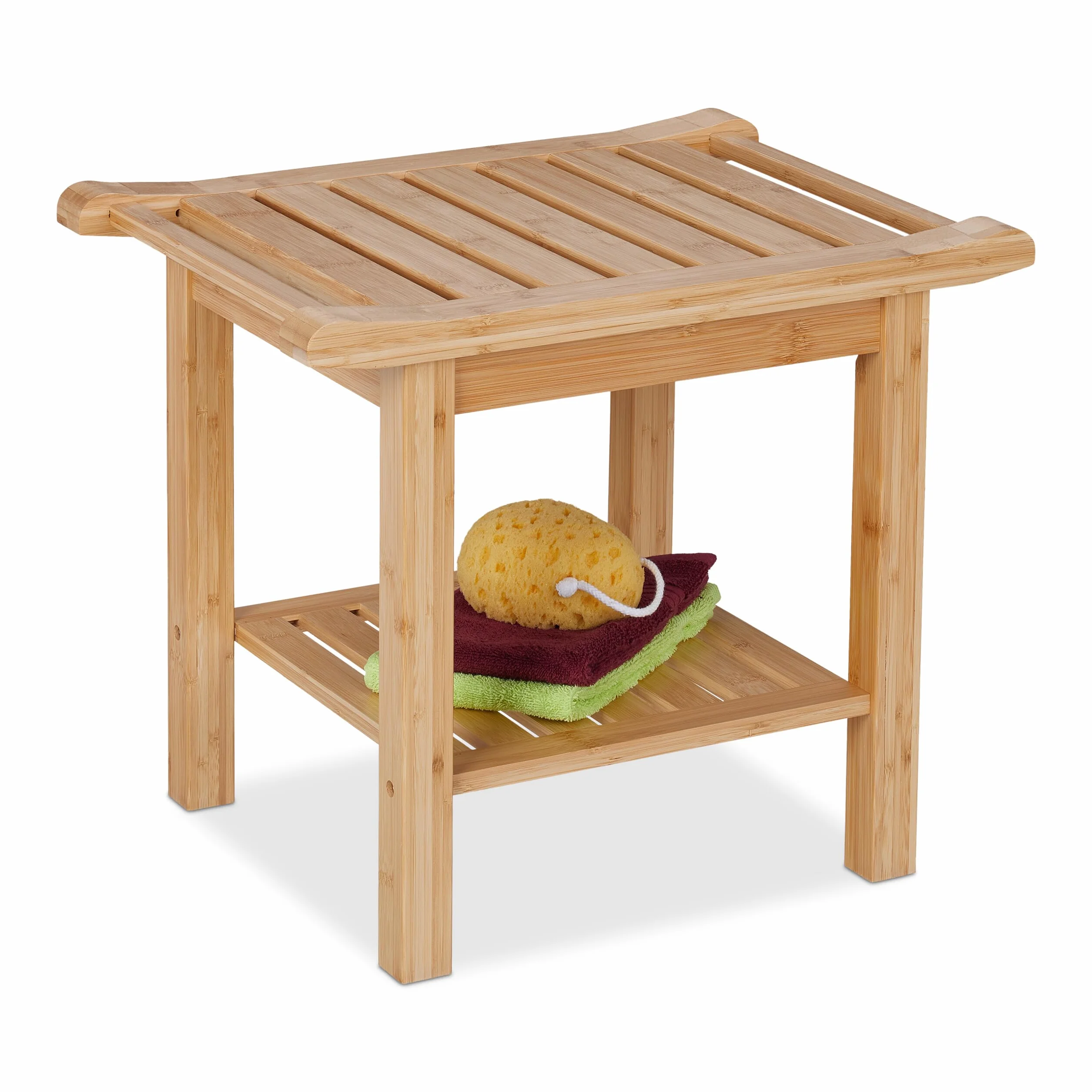 Relaxdays Taboret łazienkowy z bambusa, dodatkowa półka i uchwyty, wys. x szer. x gł.: 45 x 55 x 40,5 cm, miejsce do przechowywania w przedpokoju i łazience, kolor naturalny