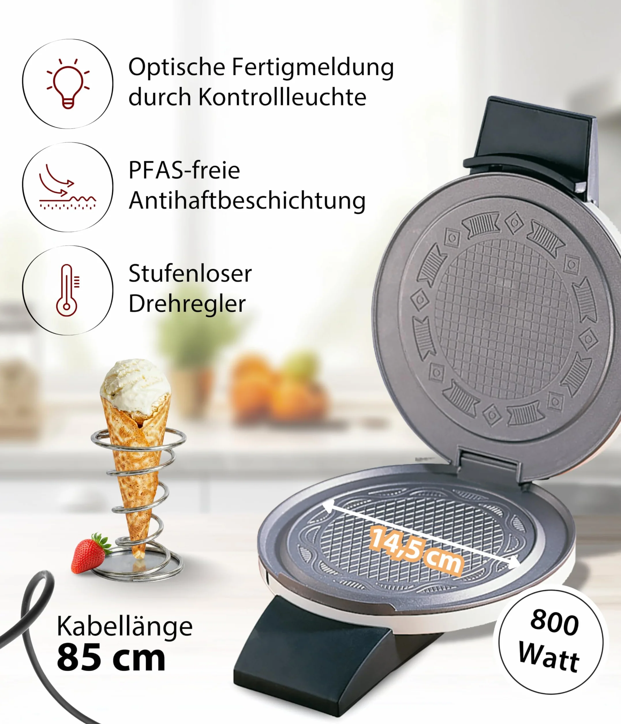 Cloer 261 Maszynka do robienia wafli na cienkie szyszki, 800 W, Powierzchnia do pieczenia 14,5 cm Ø, z nieprzywierającą powłoką, Bezstopniowa regulacja stopnia przypieczenia, biały metalowy korpus