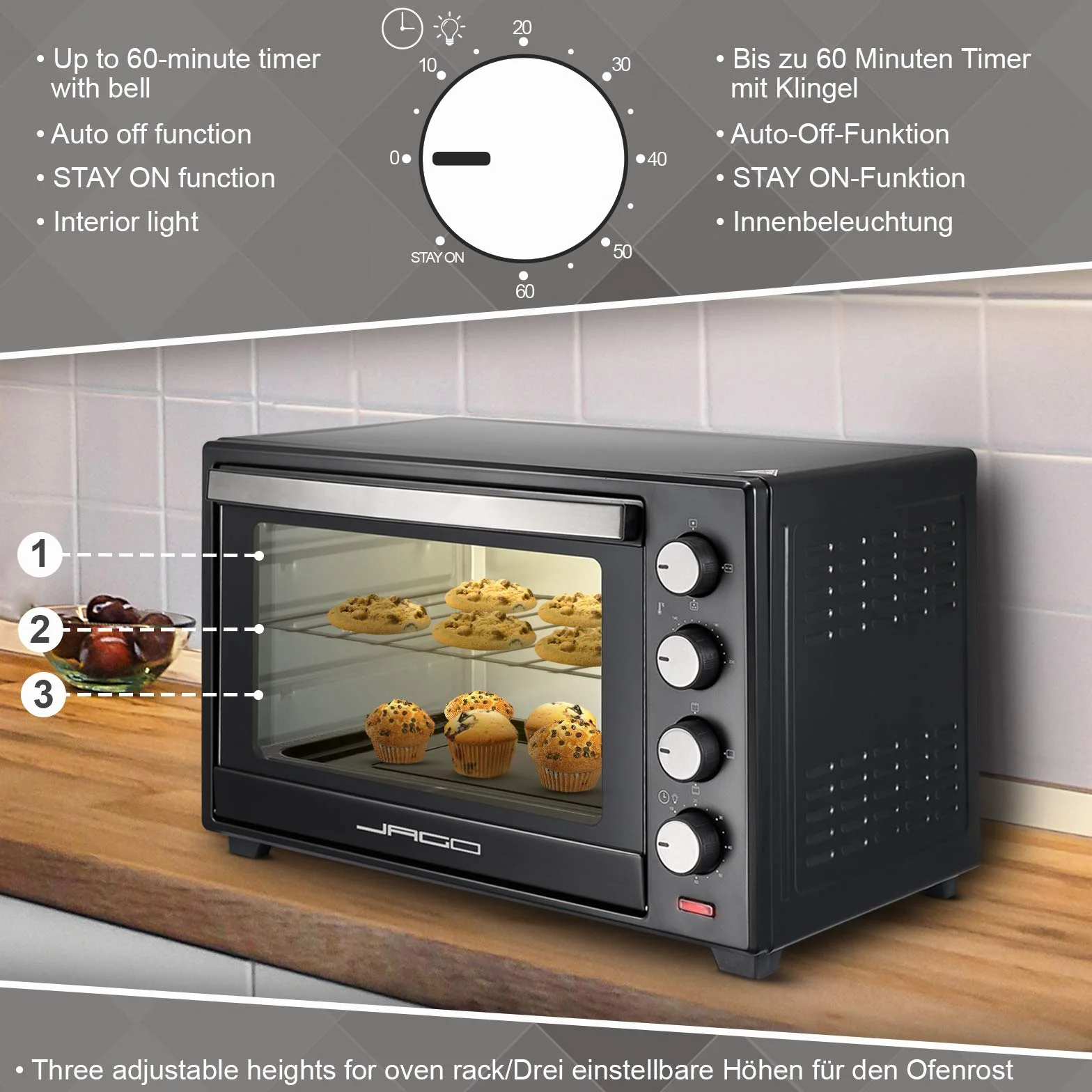 Jago® Mini piekarnik elektryczny z konwekcją, 60 litrów, 6 trybów, 100-230º, 2000 W, stal nierdzewna, przenośny, mini piekarnik elektryczny, mały, możliwy