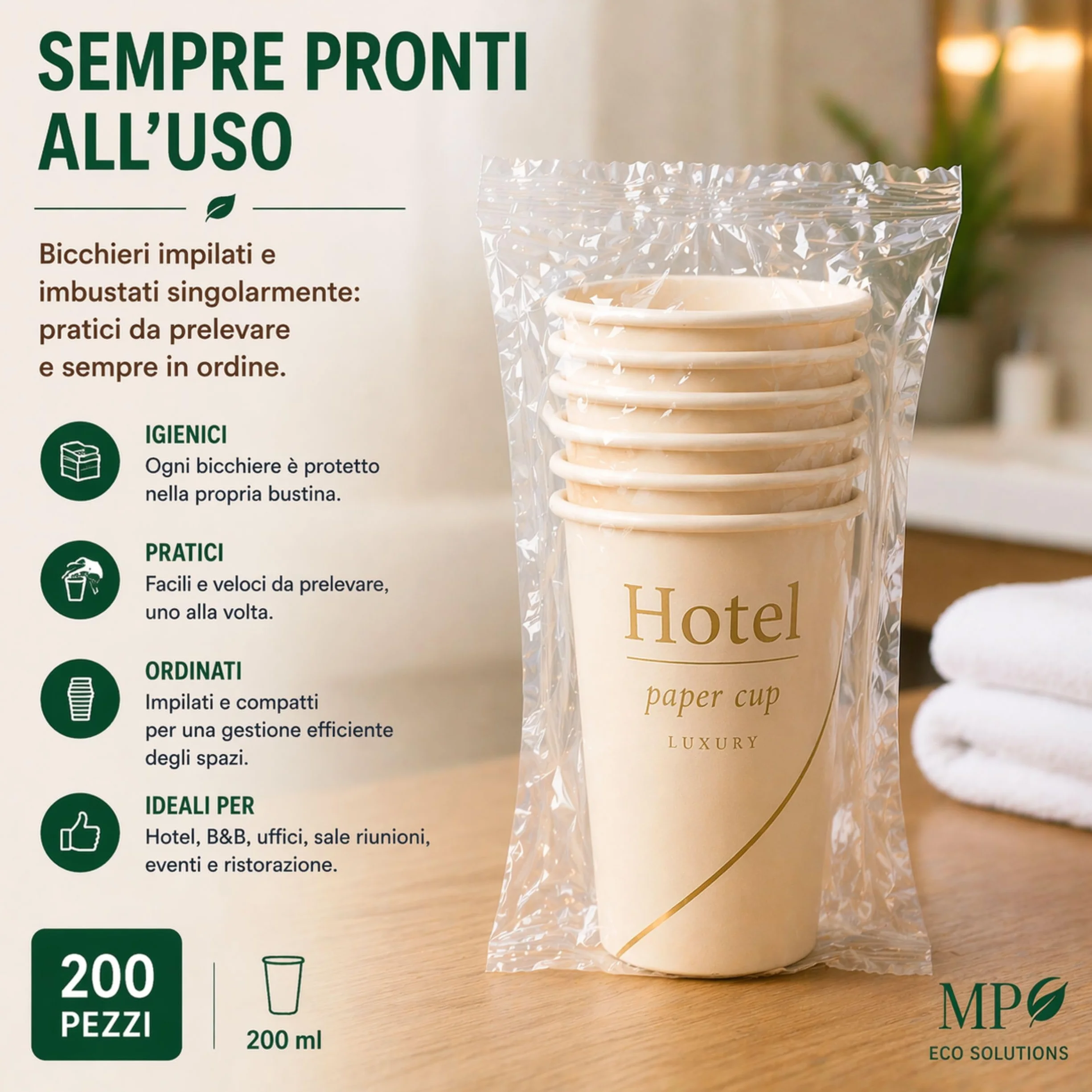 Generico Mecup Jednorazowe papierowe kubki pojedynczo pakowane jednorazowe kubki gorące i zimne napoje do hotelu lub b&b (200, HOTEL)