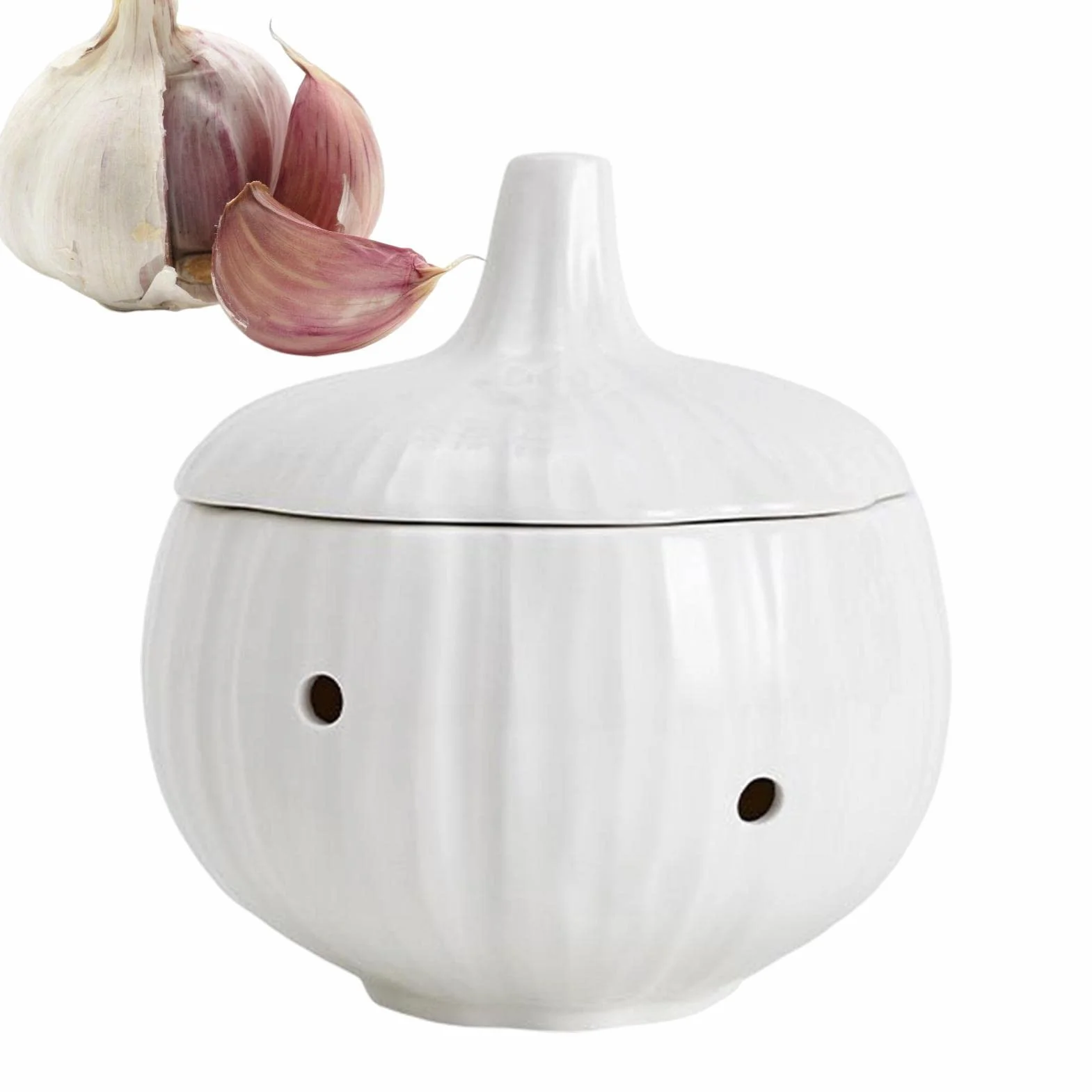Pojemnik do przechowywania czosnku, ceramiczny, pojemnik imbir z wentylowanymi otworami i pokrywk? , pojemnik z bia?ej kamionki, suszone czosnek chili