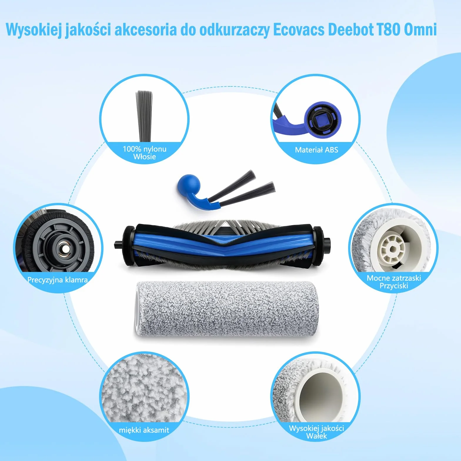 20 sztuk części zamiennych do odkurzacza Ecovacs Deebot T80 Omni, 1 szczotka główna, 2 wałek do mopa, 6 filtry, 6 worki na kurz, 4 szczotek bocznych,1 narzędzie