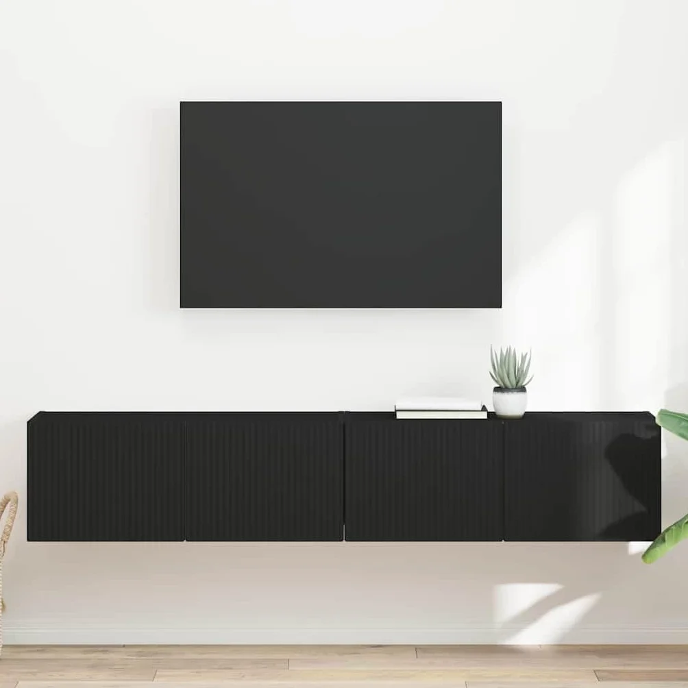 Szafka ścienna pod telewizor, zestaw 2 sztuk, czarna, 60 x 31 x 29,5 cm, materiał drewnopochodny, nowoczesne regały z drzwiami uchylnymi 90°, uniwersalny stojak pod telewizor do salonu
