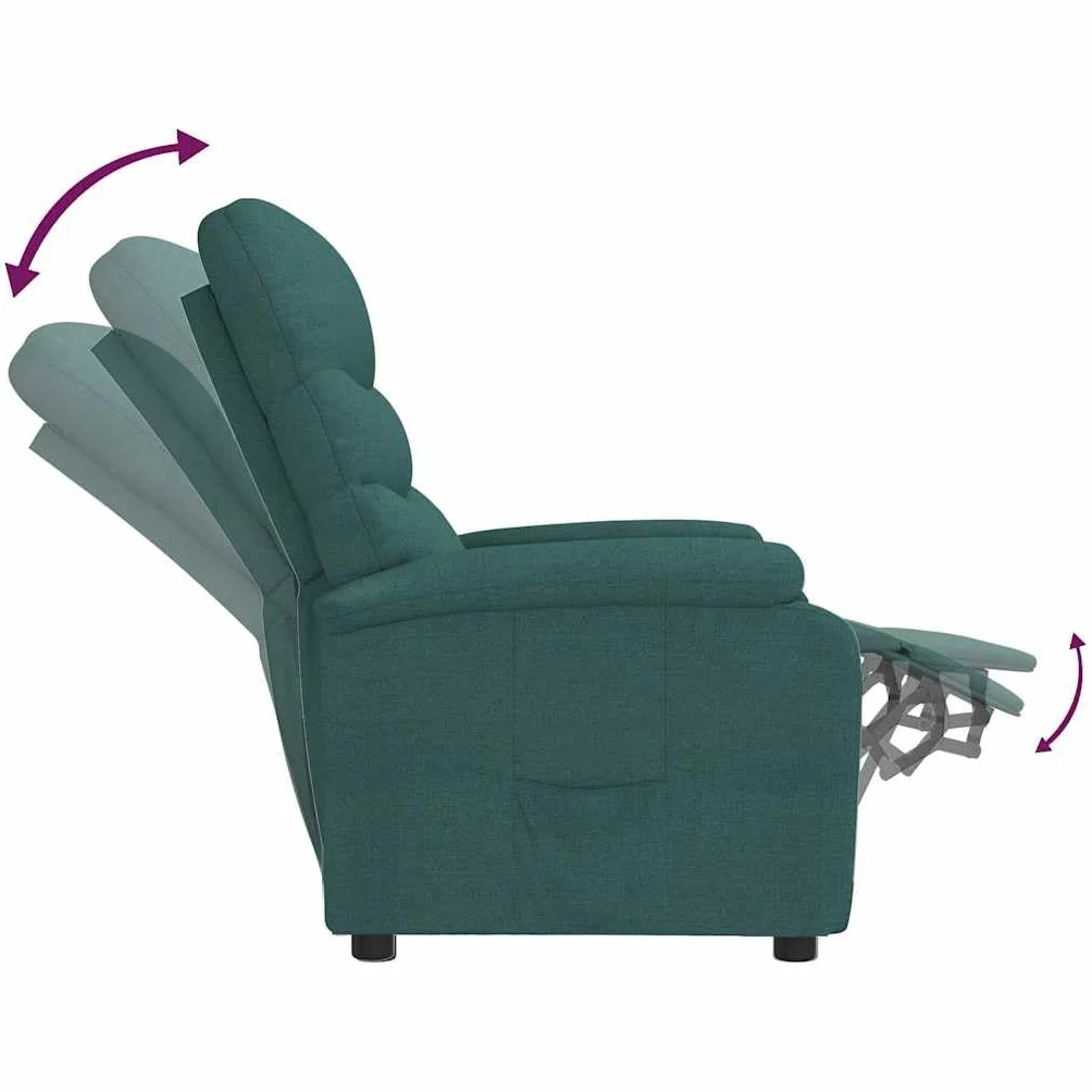 Fotel relaksacyjny, ciemnozielony, materiał z regulowanym oparciem i podnóżkiem, ergonomiczny fotel tapicerowany z metalu i drewna, do salonu, kącika do czytania, biura i salonu