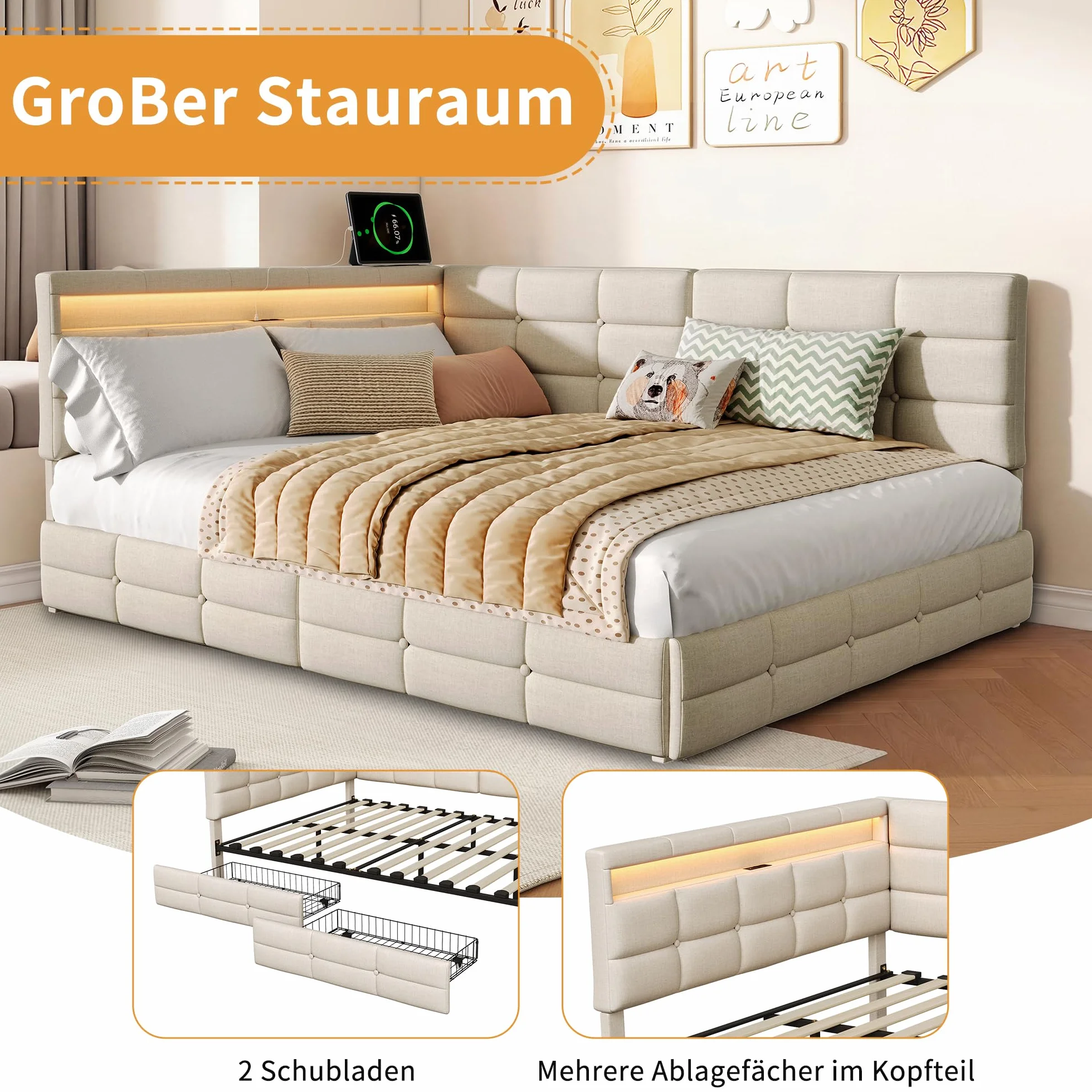 Łóżko tapicerowane Schlafsofa 140x200 cm, łóżko dzienne z 2 szufladami i stelażem z listew, sofa-łóżko, łóżko dwuosobowe z diodami LED i USB, łóżko dzienne, łóżko młodzieżowe, stelaż łóżka, len