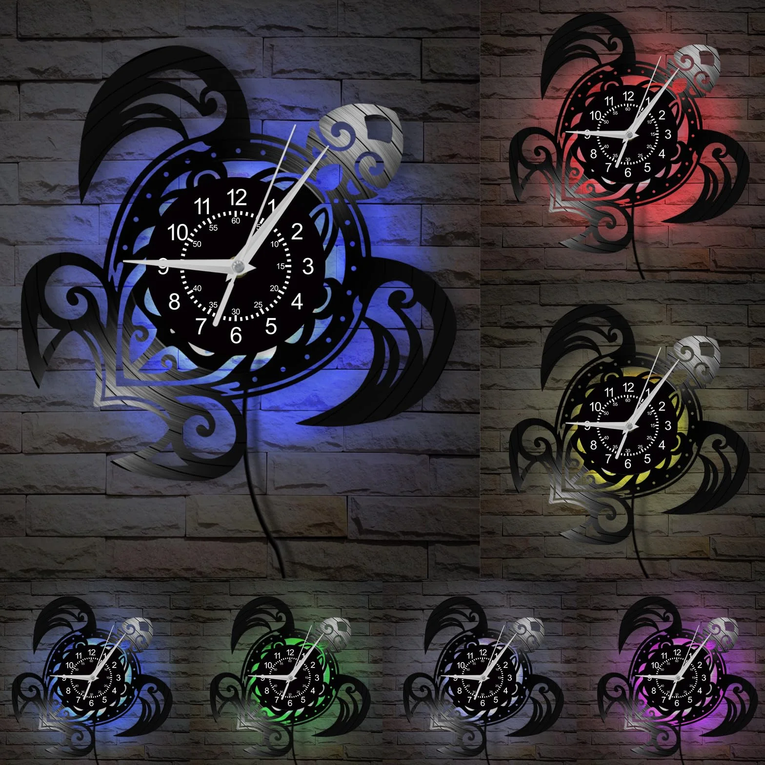 Zegar ścienny z żółwiem morskim świecący w ciemności, 30 cm, 7 rodzajów diod LED, płyta winylowa, cichy nietykający, vintage, dekoracyjny żółw, lampka nocna, zegar ścienny do salonu, sypialni