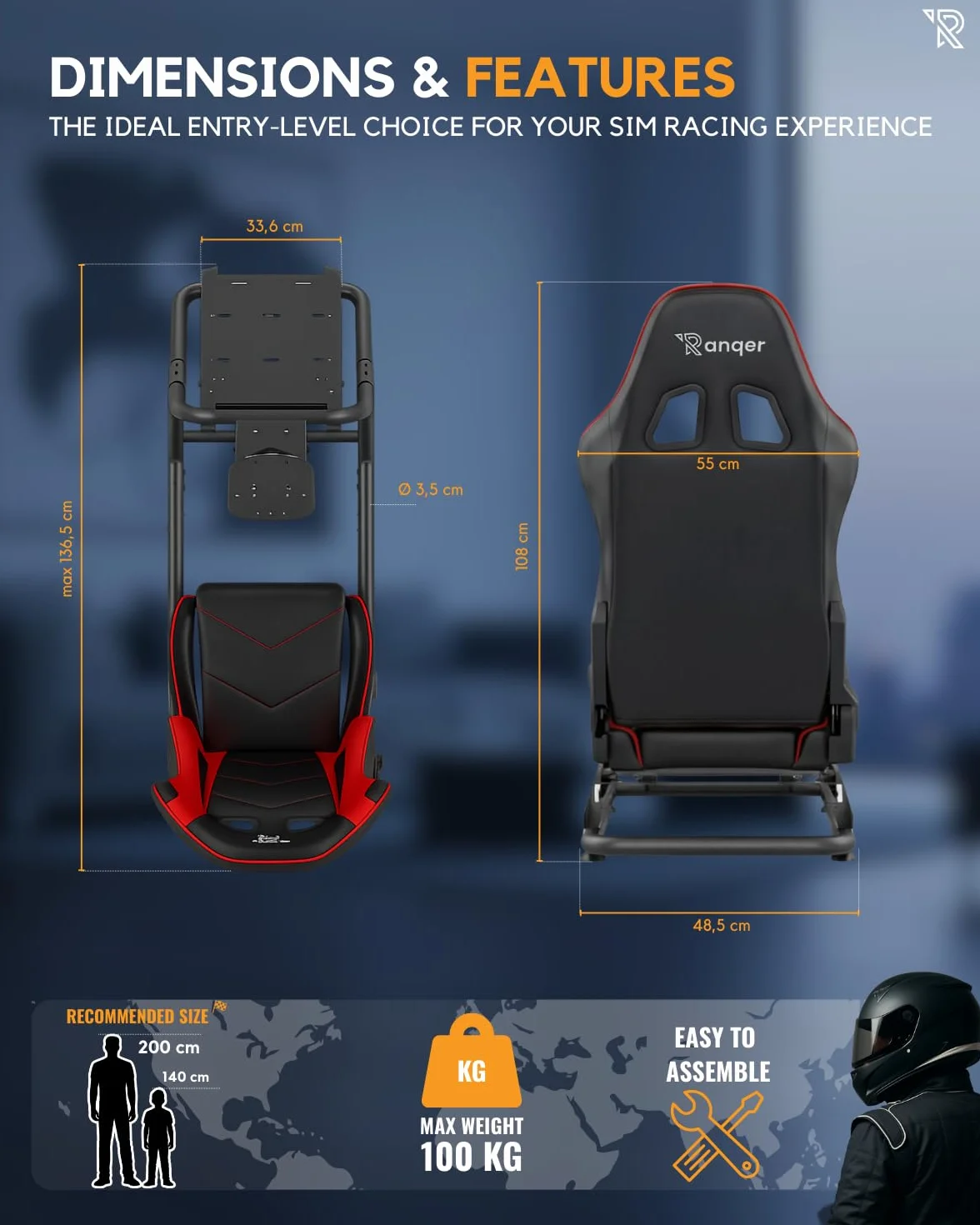 Ranqer Racing Simulator Cockpit - Racing chair with steel frame - Racing Cockpit/Racing Simulator Rhair - Adjustable Backrest for Beginners and Professionals - Metal frame - Simracing cockpit