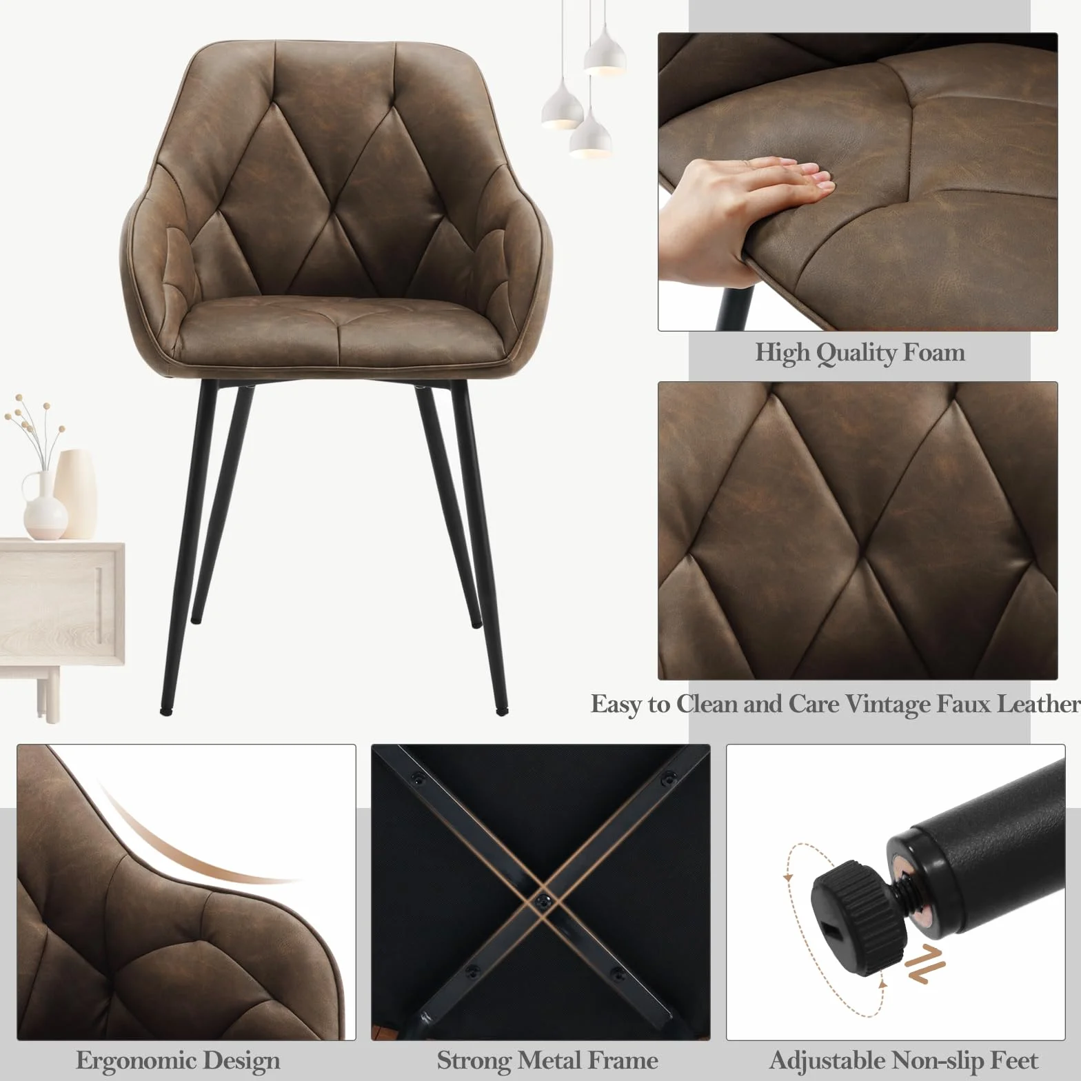 WOLTU 2 x krzesło do jadalni, kuchni, ergonomiczny fotel, krzesło z podłokietnikami, krzesło tapicerowane, siedzisko ze sztucznej skóry w stylu vintage, metalowe nogi, ciemnobrązowy, EZS03dbr-2