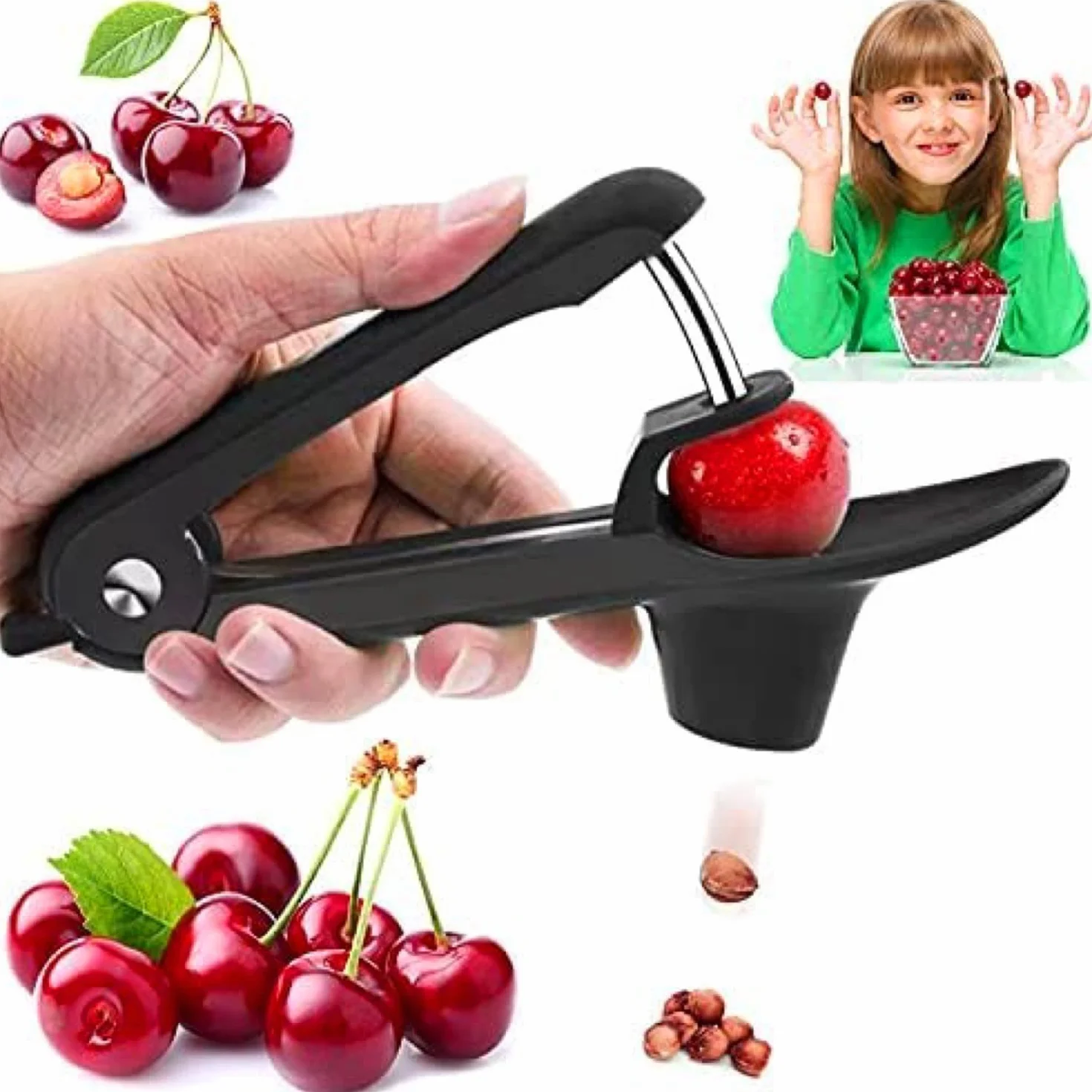 Cherry Pitter Tool, przenośny przyrząd do usuwania rdzenia wiśniowego z blokadą przestrzeni, stal nierdzewna (czarny)
