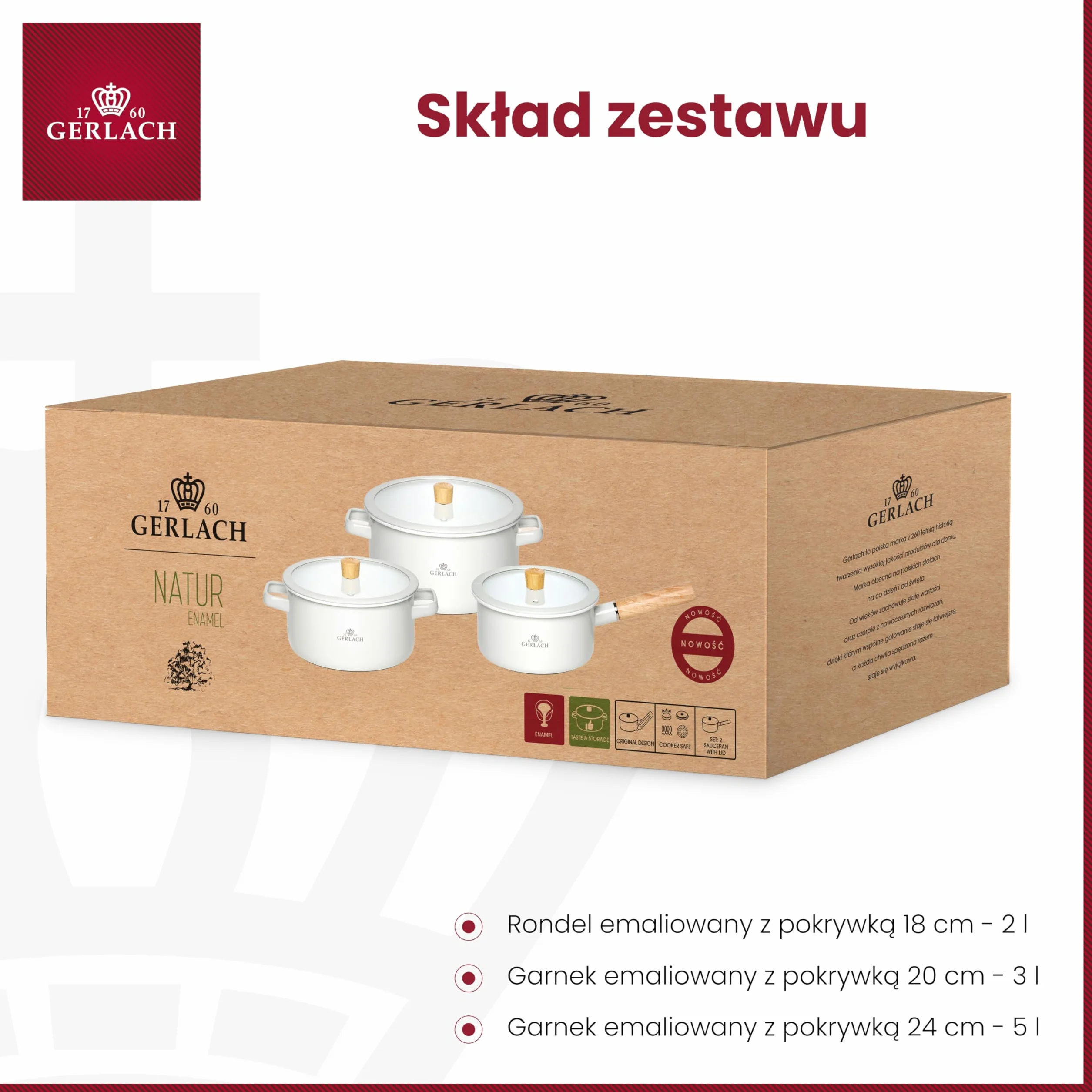 Gerlach 1760 Zestaw 3 Garnków - 2 l / 3 l / 5 l - Garnki Emaliowane - Wszystkie Kuchenki - Pokrywka ze Szkła Hartowanego - Biały Natur Enamel