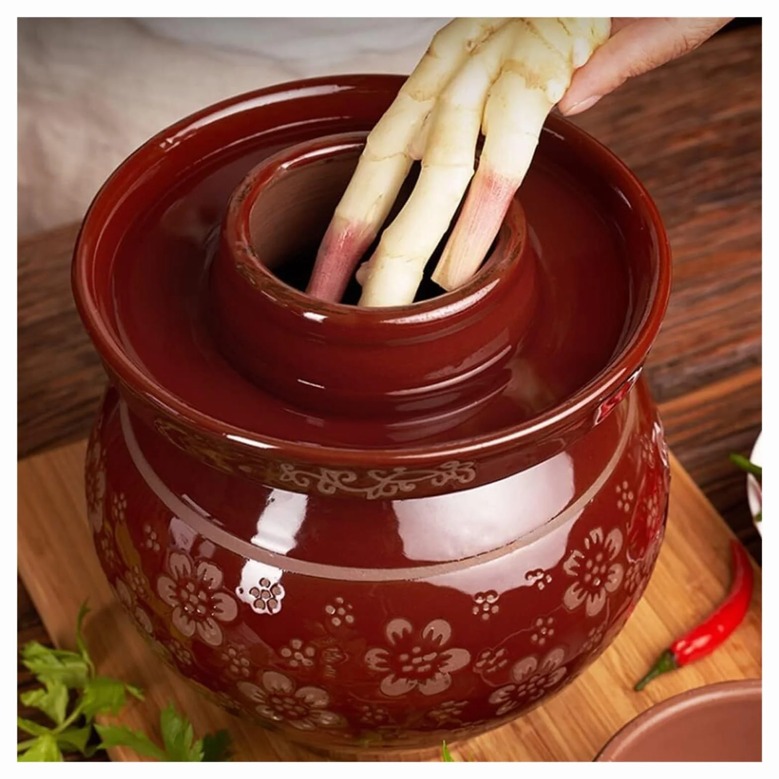 Ceramiczny słoik na ogórki z pokrywkami, duży tradycyjny chiński porcelanowy słoik na ogórki, ceramiczny garnek do fermentacji z pokrywką z uszczelką wodną (6 l)(2.5L)