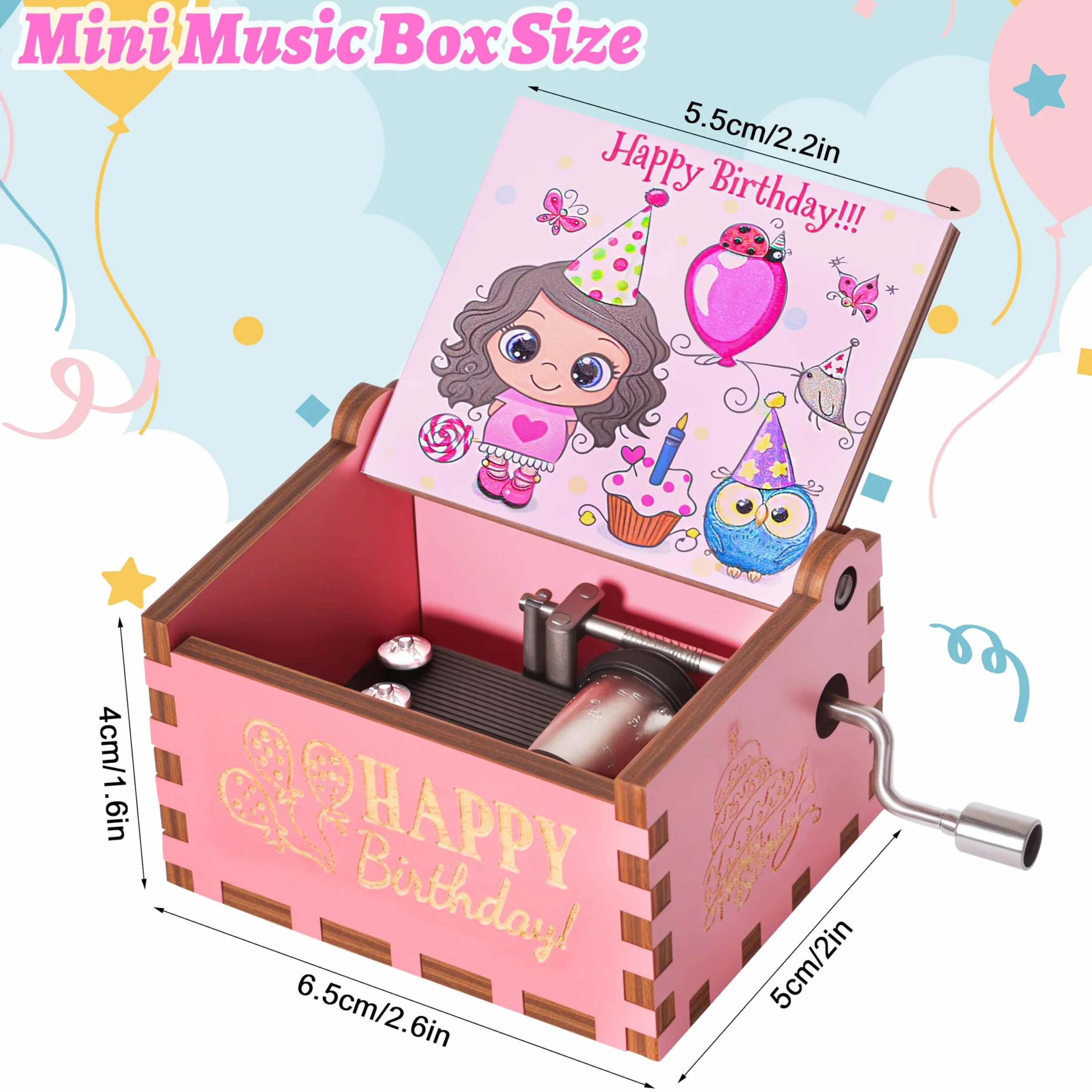 Różowa korba drewniana pozytywka z muzyką Happy Birthday Vintage Muzyczny prezent na urodziny rocznicę Boże Narodzenie dla dzieci przyjaciele