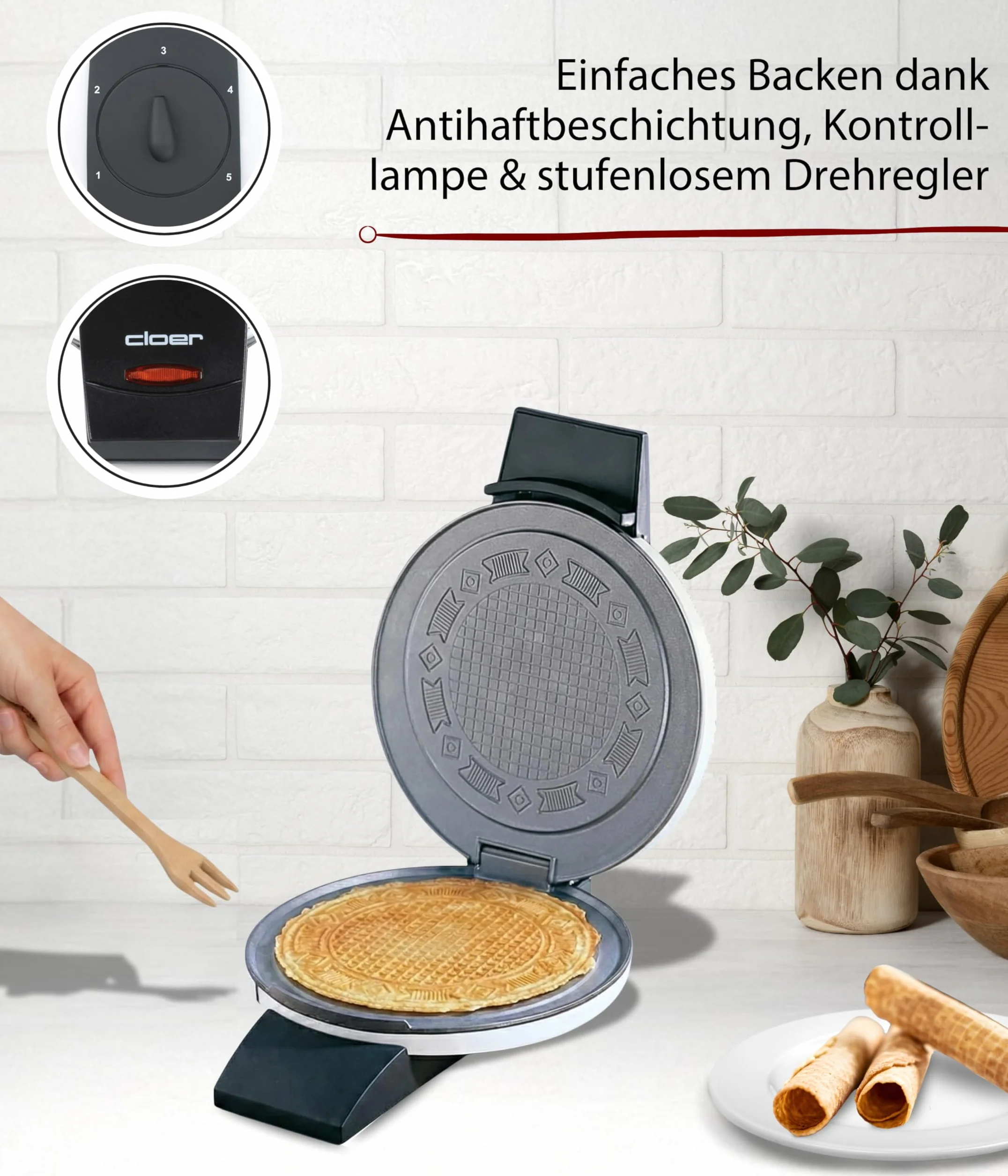 Cloer 261 Maszynka do robienia wafli na cienkie szyszki, 800 W, Powierzchnia do pieczenia 14,5 cm Ø, z nieprzywierającą powłoką, Bezstopniowa regulacja stopnia przypieczenia, biały metalowy korpus