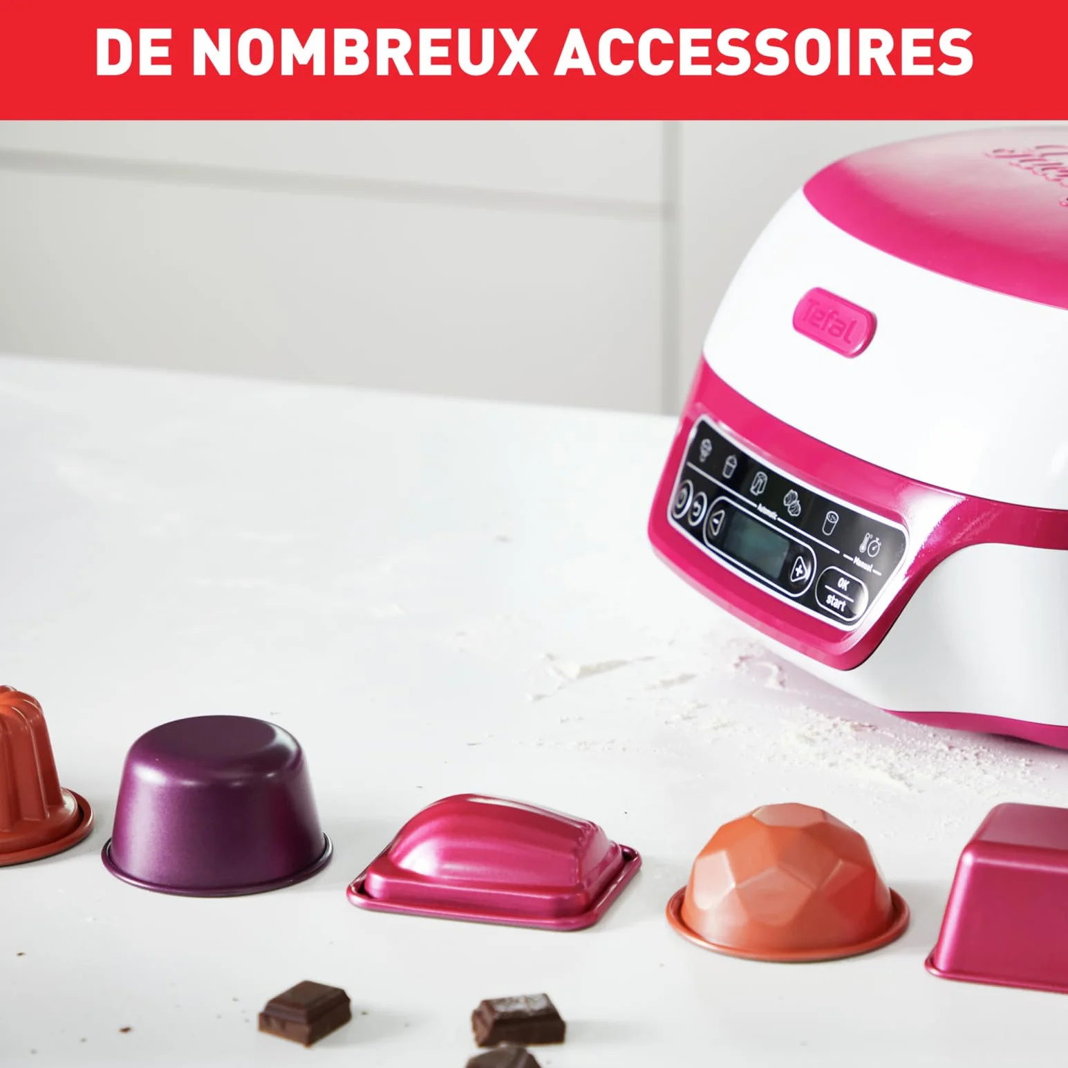 Tefal Inteligentna maszyna do ciasta, 5 automatycznych programów, 1 tryb ręczny, 12 foremek do mini ciast, 1 duża forma, kompatybilna z serią CreaBake, fabryka tortów rozkoszy KD810112