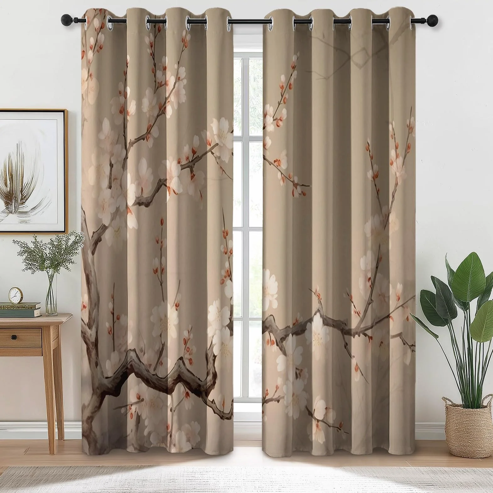 Zasłony zaciemniające do sypialni szer. 168 cm x dł. 183 cm (2 panele) tradycyjny chiński styl, białe kwiaty śliwy, zasłony na przelotkach do salonu, izolacja termiczna, zasłony okienne do jadalni