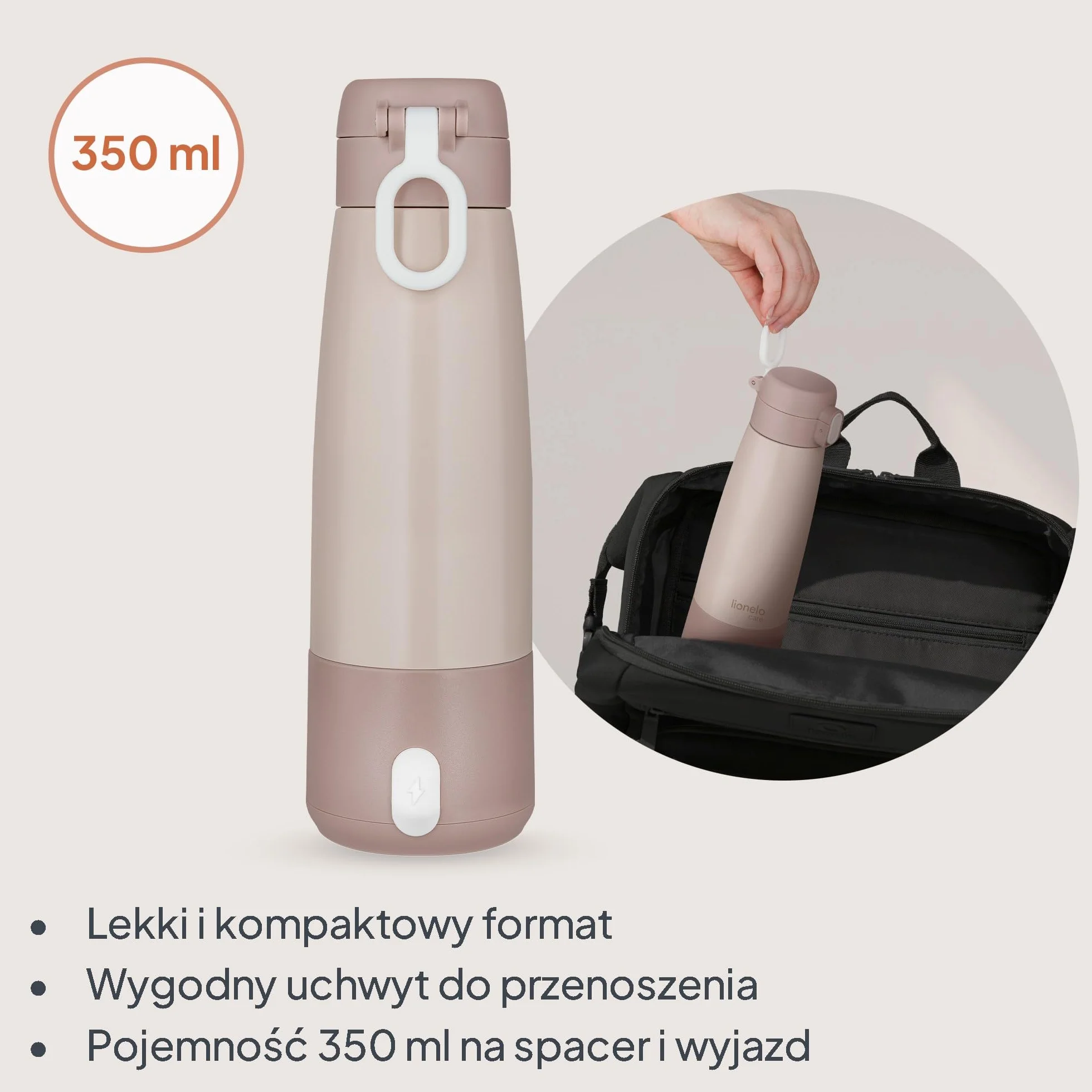 Lionelo Thermup Bottle przenośny podgrzewacz do butelek dla niemowląt, bezprzewodowy, z funkcją ogrzewania, podgrzewa mleko lub wodę w 3,5 min., 37-55 °C, utrzymuje ciepło do 20 h, stal nierdzewna