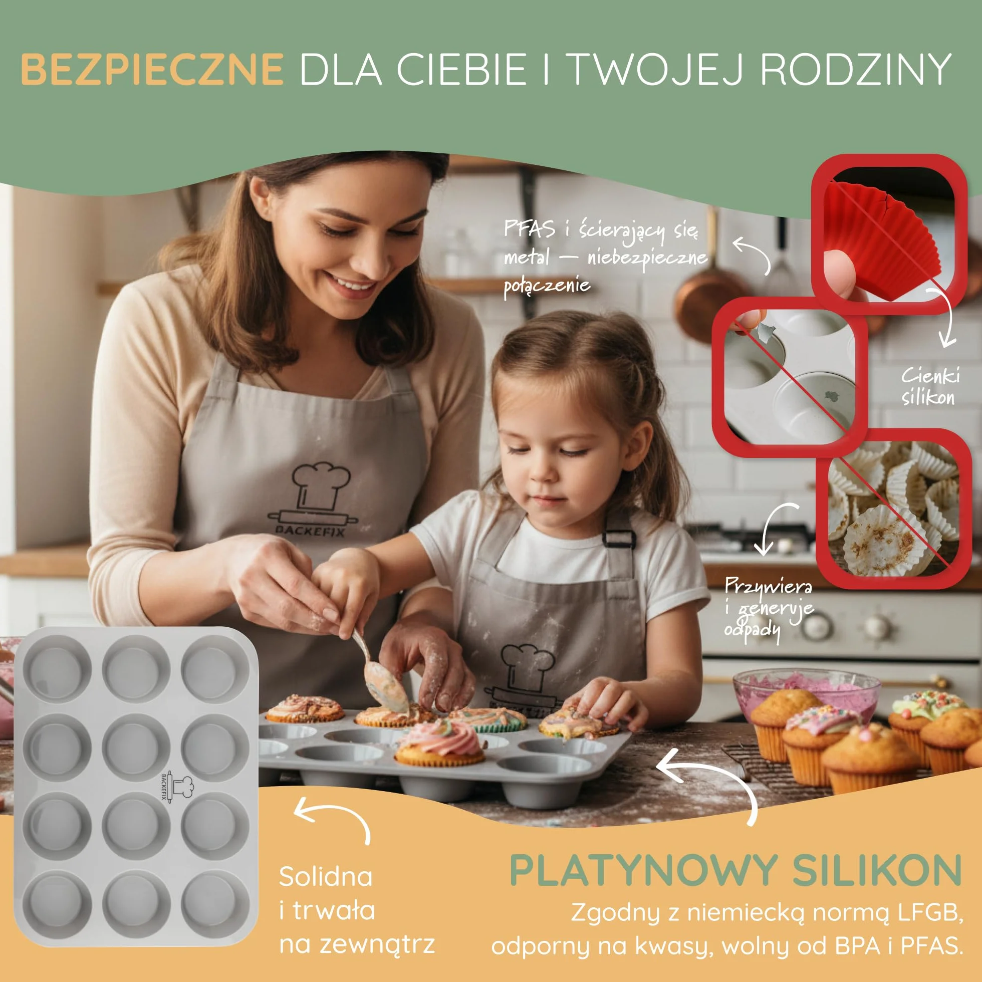 Backefix elastyczna silikonowa forma do muffinek (12 szt.) – forma na muffiny z platynowego silikonu, nieprzywierająca, do zmywarki, bez BPA i PFAS, dla równomiernych muffinów, babeczek i cupcakes