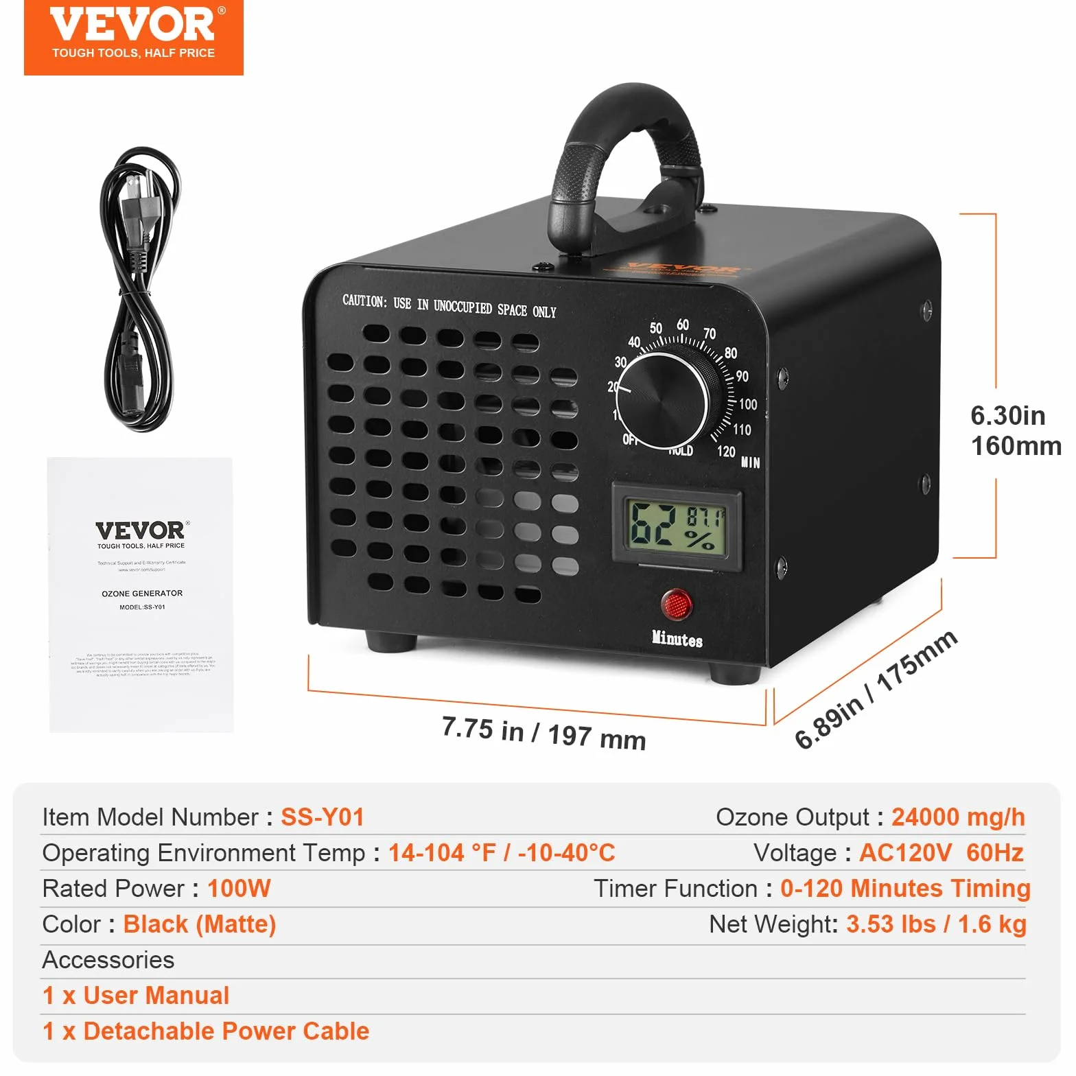 VEVOR Generator ozonu Oczyszczacz powietrza 24000 mg/h O3 Generator do usuwania komercyjnych zapachów przemysłowych 100 W o dużej pojemności, timer 0-120 min do pomieszczeń, samochodów, zwierząt