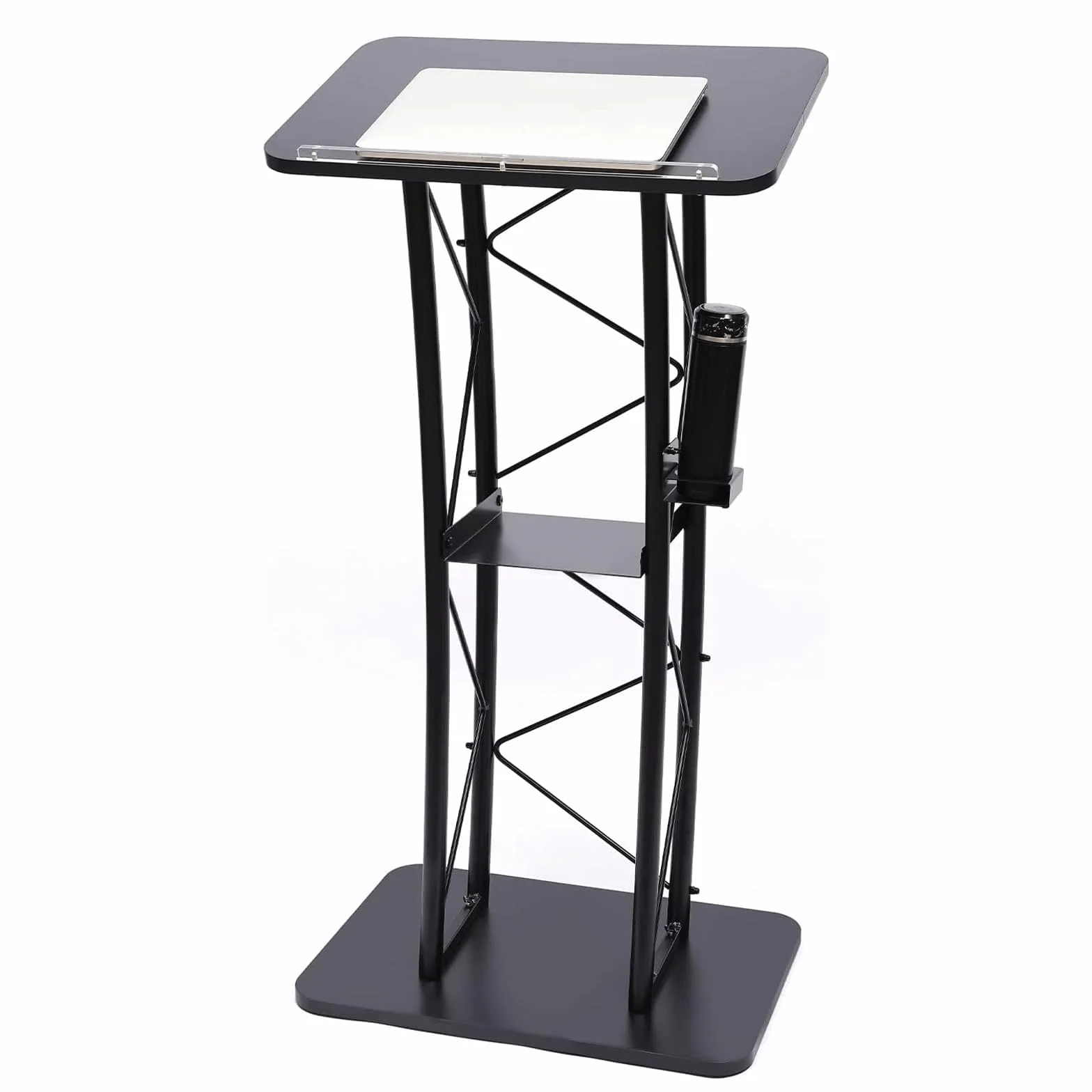 Czarny zakrzywiony metalowy stojak na podium, mównica stojąca z uchwytem na kubek, 40 x 60 x 120 cm, do biura, szkoły i na imprezy
