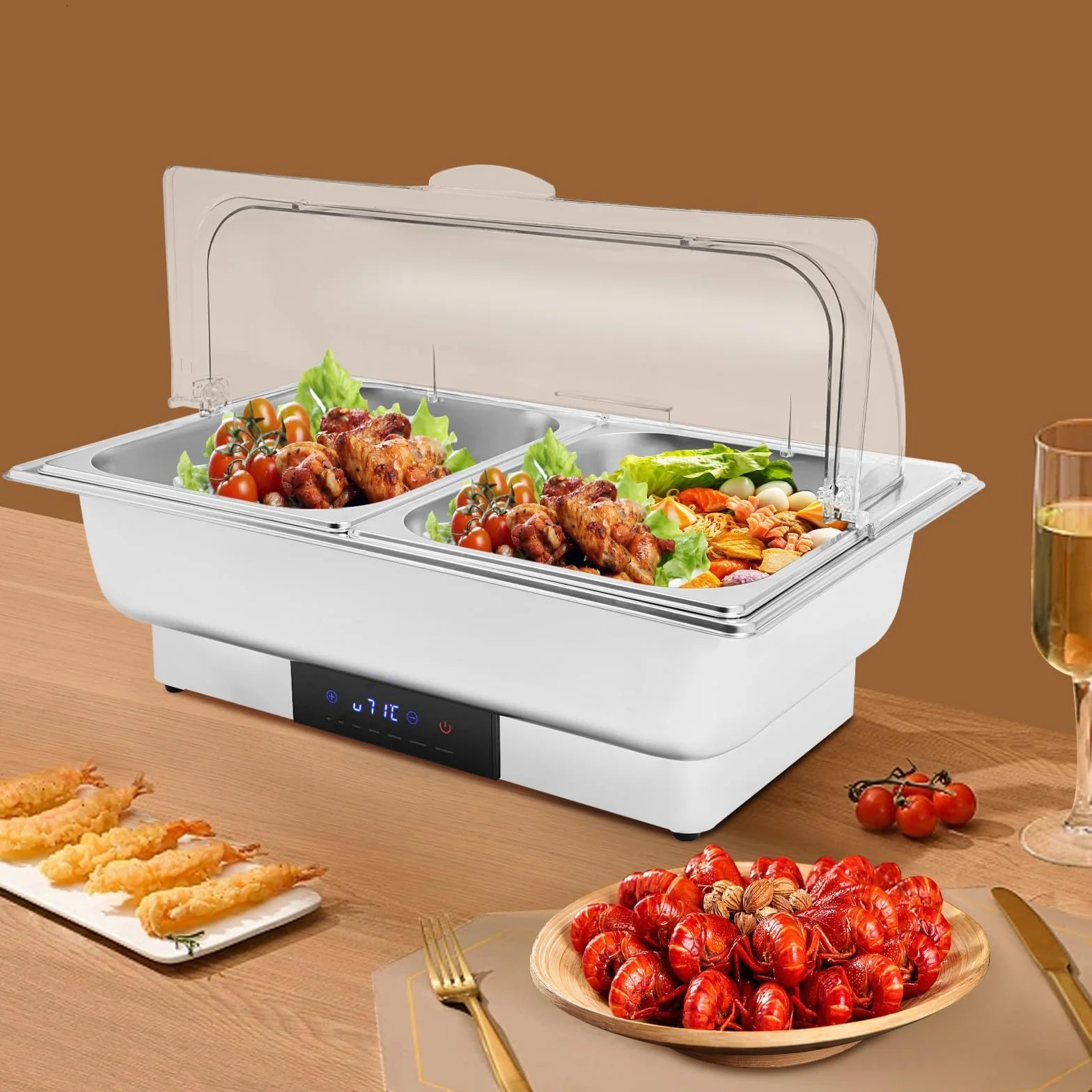 Elektryczny podgrzewacz do potraw Chafing Dish podgrzewacz do potraw na bufet ze stali nierdzewnej 9L 15L pojemnik na żywność z regulacją temperatury na imprezy, catering (2 przegród)
