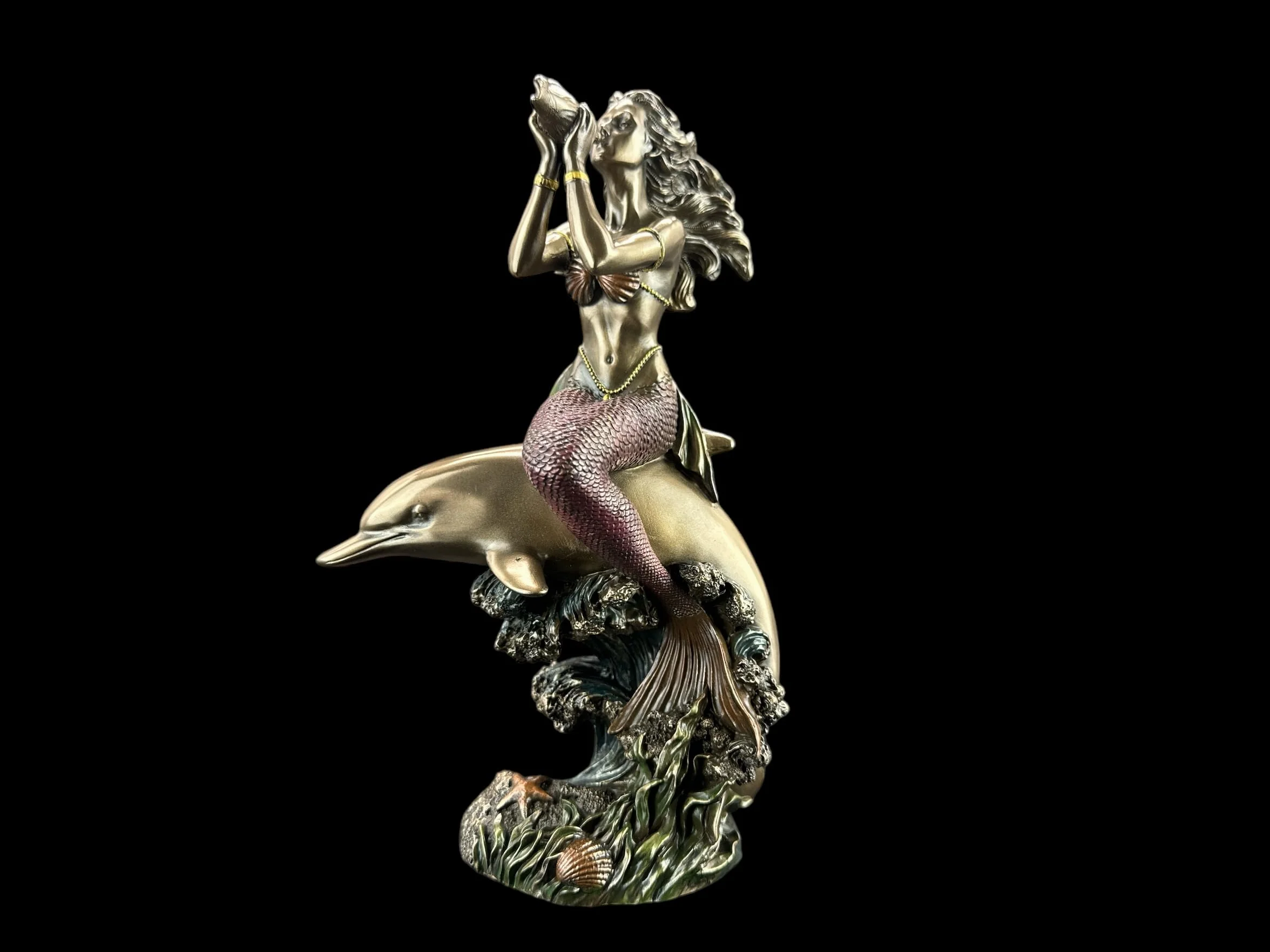57 SPECIAL REPLICAS Rzeźba dekoracyjna figurka syrenki na plecach delfina, jako prezent do salonu, dekoracja figurki, dekoracja