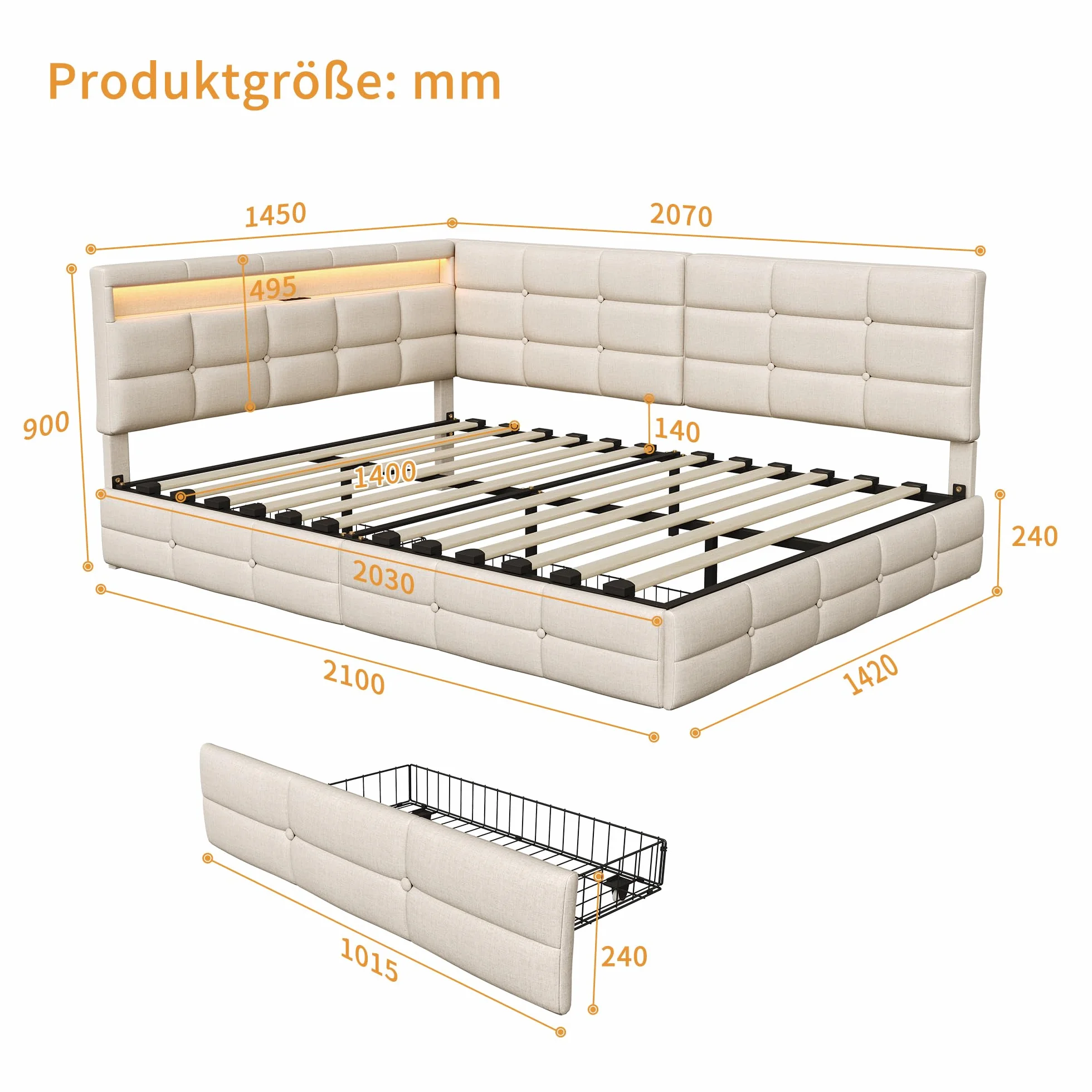 Łóżko tapicerowane Schlafsofa 140x200 cm, łóżko dzienne z 2 szufladami i stelażem z listew, sofa-łóżko, łóżko dwuosobowe z diodami LED i USB, łóżko dzienne, łóżko młodzieżowe, stelaż łóżka, len