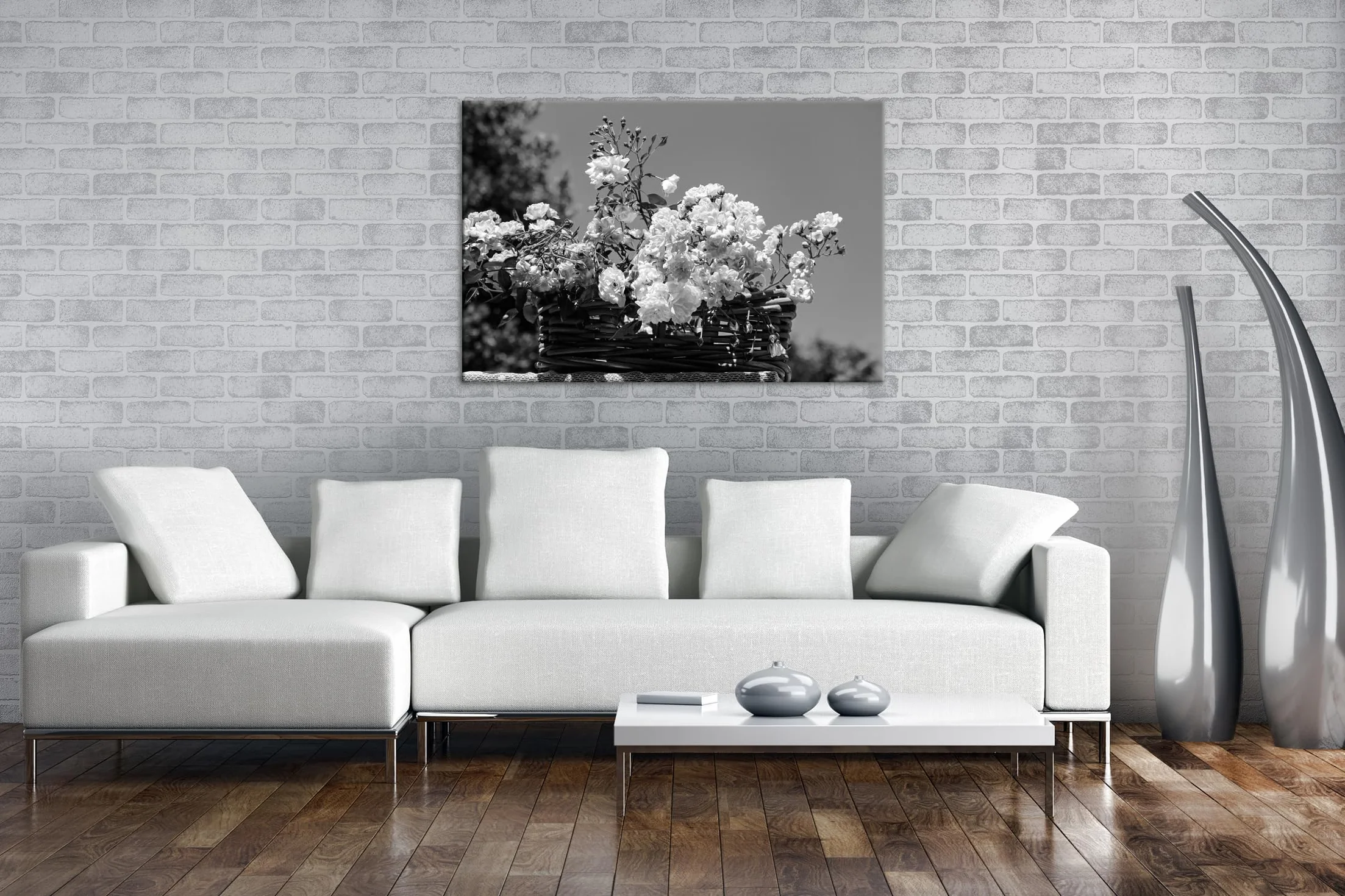 deyoli Przepiękny kosz na róże format: 90 x 60 cm efekt: czarno-biały jako obraz na płótnie, motyw oprawiony na ramie z prawdziwego drewna, wysokiej jakości druk cyfrowy z ramą