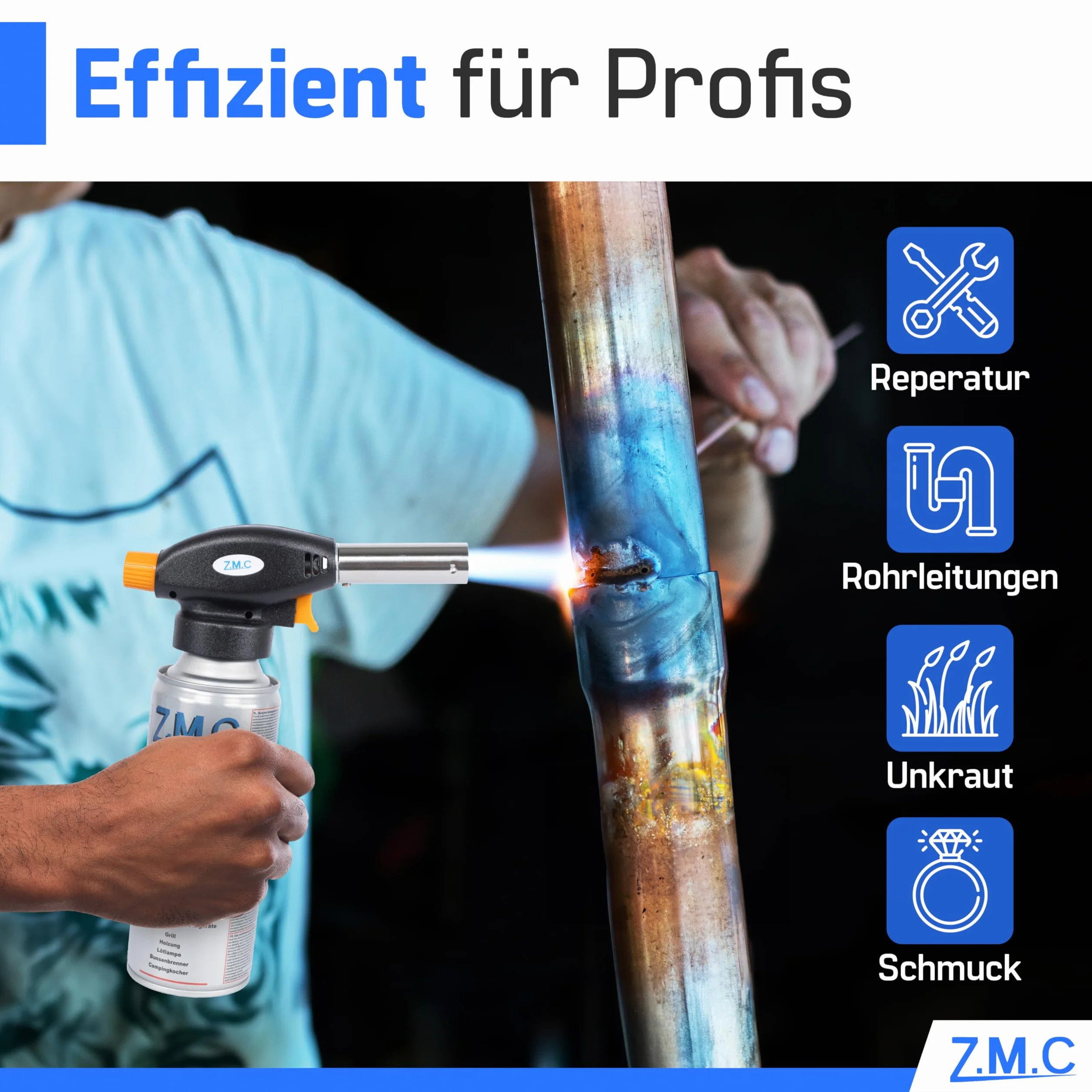 Z.M.C Palnik gazowy + 4 x kartusze gazowe 227 g, palnik do flambira, temperatura do 1300°C, palnik spawalniczy z zapłonem piezoelektrycznym, palnik do lutowania 1,3 kW, nasadka palnika z regulowanym