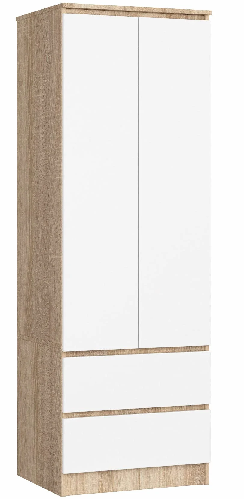 AKORD Szafa Star S Dwudrzwiowa S 60 cm 2 Szuflady z Półkami i Drążkiem na Ubrania do Sypialni Garderoby Styl Minimalistyczny Płyta Laminowana 16mm Kolor Sonoma/Biała
