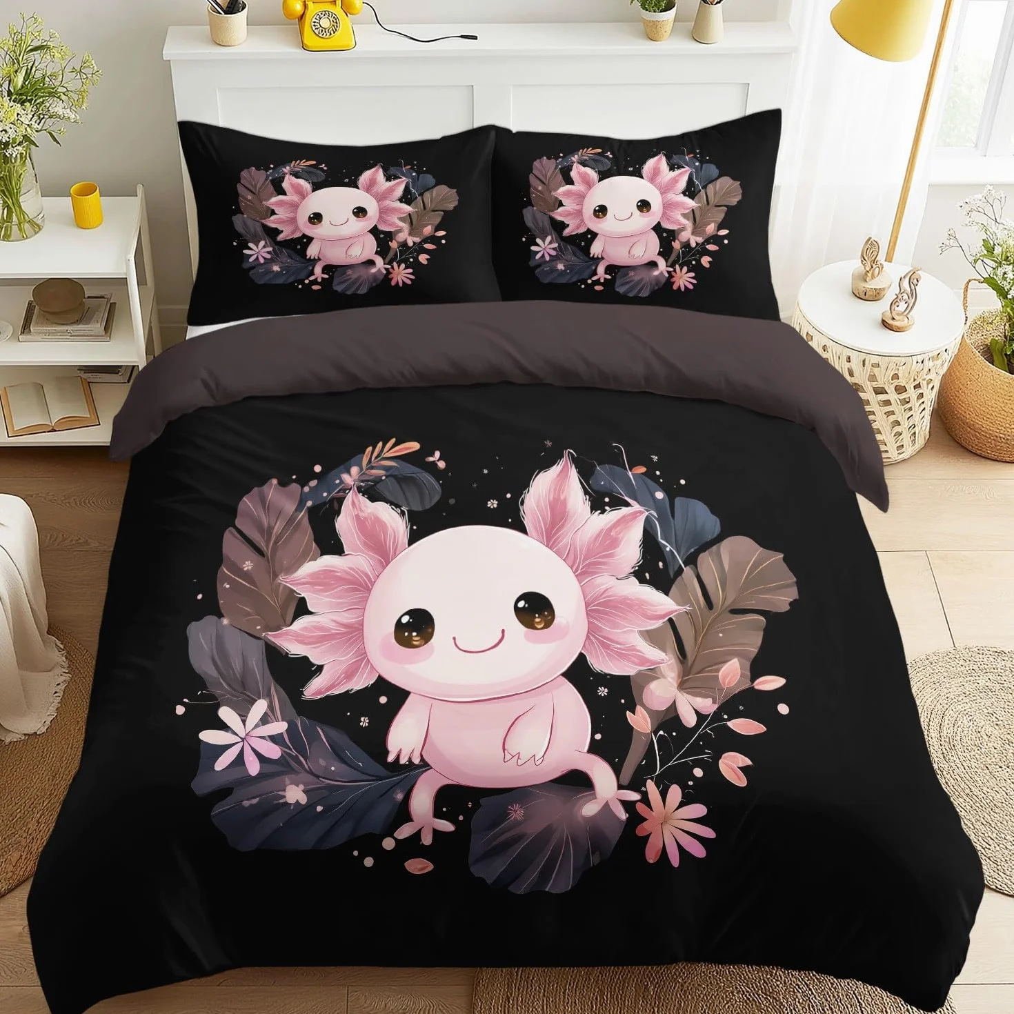 200 x 200, 3-częściowa dwustronna poszewka na kołdrę dla niemowląt, salamandra, kwiaty, zielone liście, przyjazna dla skóry, japońskie anime, kurczliwa poszewka na kołdrę, bajeczna pościel z kreskówki