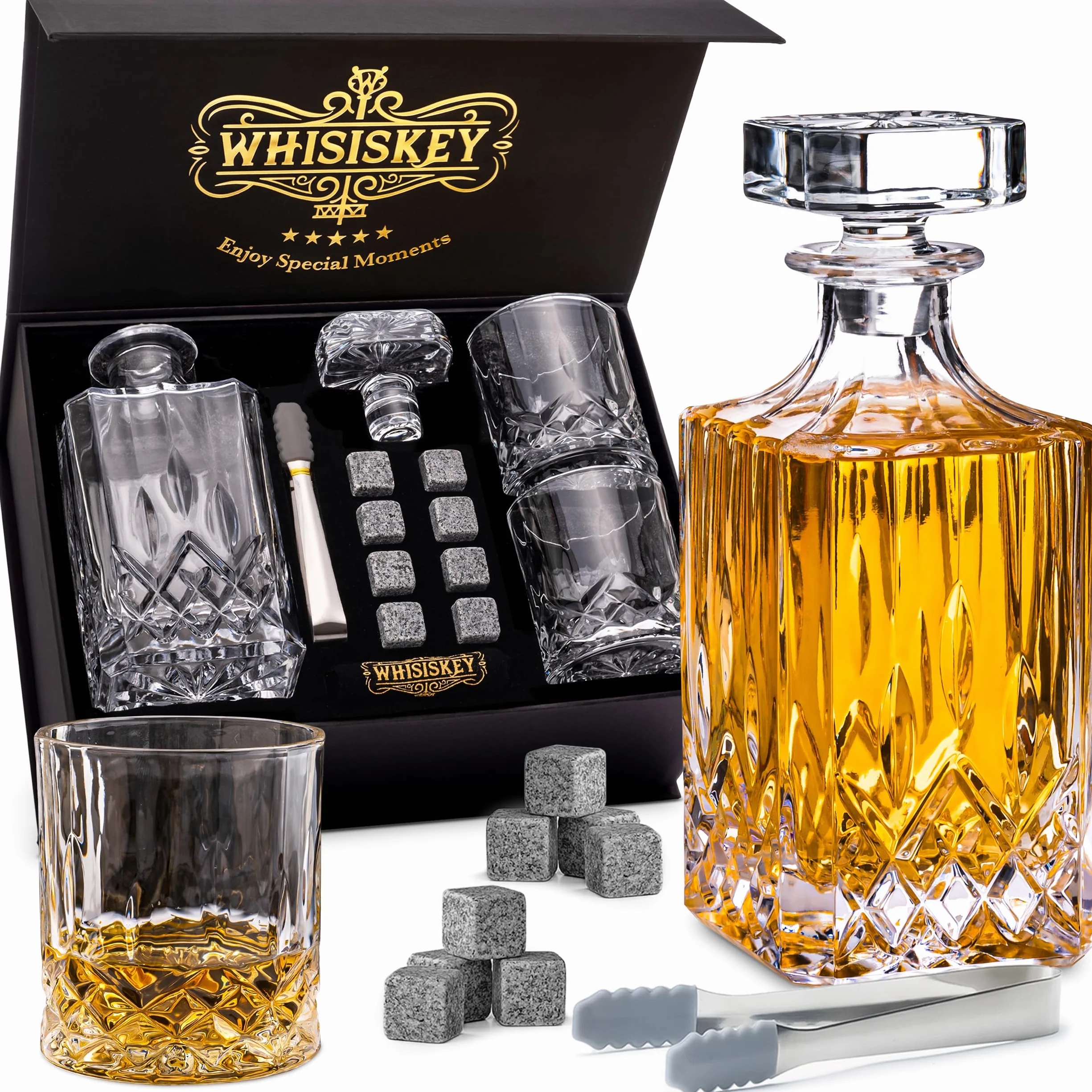 WHISISKEY Zestaw Karafka do Whisky - Zestaw Prezentowy Whiskey - Prezenty dla Mężczyzn - Pomysły na Prezent dla Mężczyzny - Klasyczna Karafka 700ML, 2 Szklanki do Whisky, 8 Kamienie do Whisky