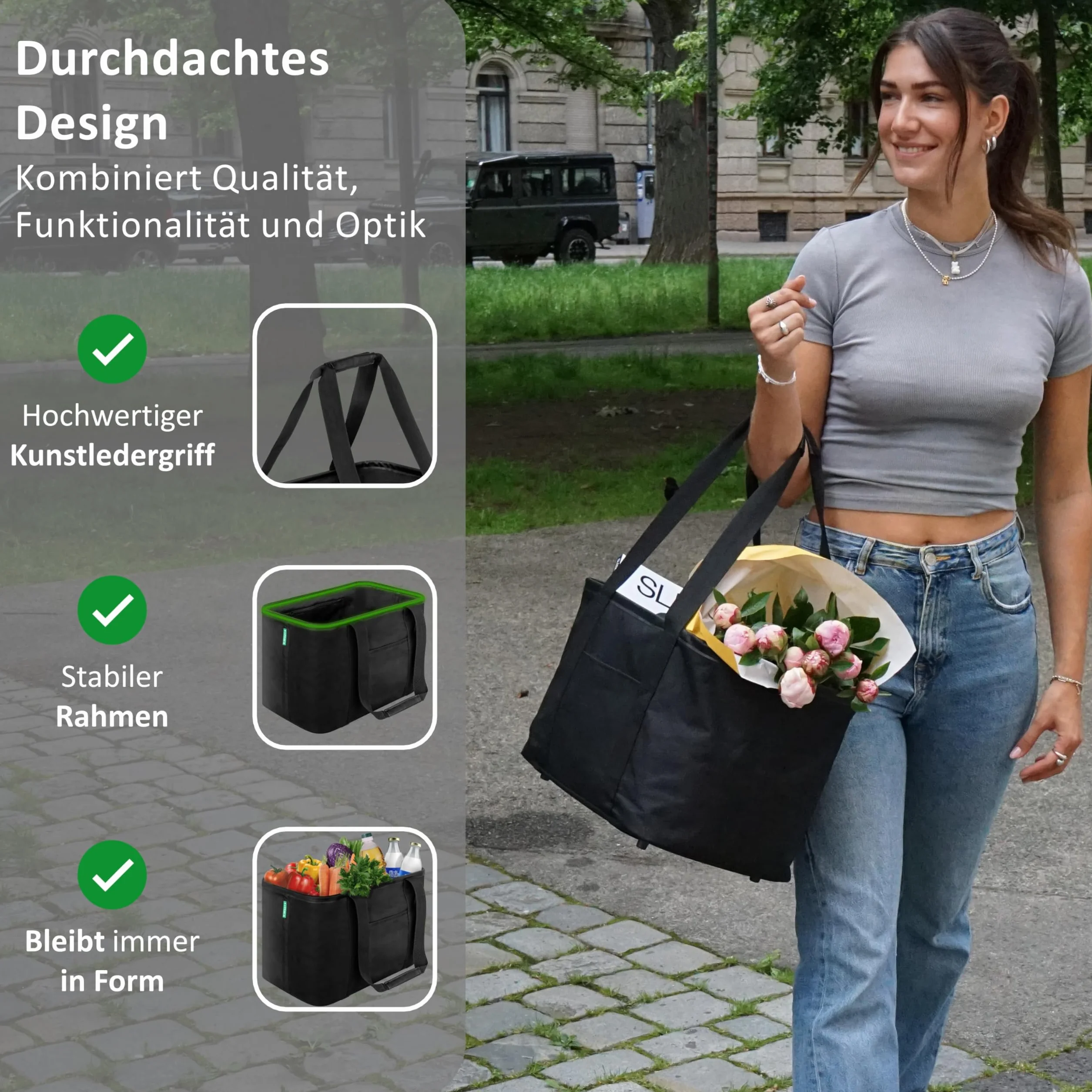 Cottara® Składana torba na zakupy, składana, ze wzmocnionym dnem i wygodnym uchwytem ze skóry PU, idealna jako składany koszyk na zakupy, torba do noszenia lub torba na zakupy, czarna, 30 l