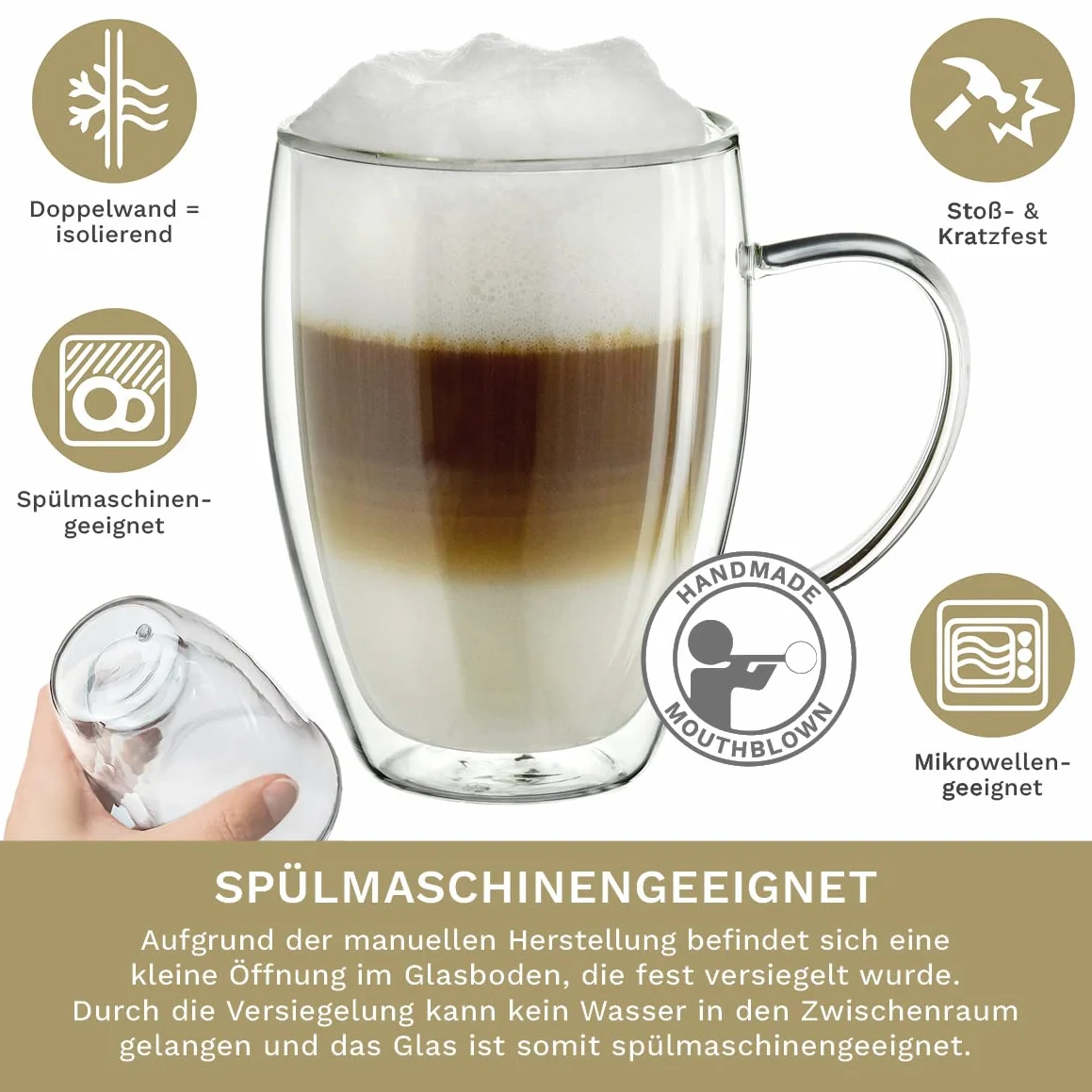 Creano Szklanki termiczne z podwójnymi ściankami, 400 ml, zestaw 8 sztuk, duże szklanki z podwójnymi ściankami, ze szkła borokrzemowego, szklanki do kawy, szklanki do herbaty, latte macchiato