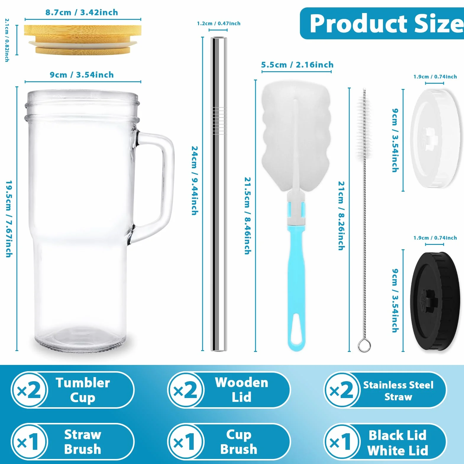 Szklany Kubek z Pokrywką i Słomką 24oz/700m Mason Jar z Uchwytem Słomek Wielokrotnego Użytku z Szczotka Zestaw Kubków do Mrożonej Kawy do Podróży Biura Domu (2, 700ml)