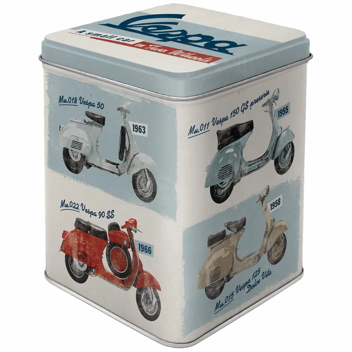 Nostalgic-Art Retro puszka na herbatę, 100 g, Vespa – Model Chart – Pomysł na prezent dla miłośników skuterów, Official License Product (OLP), metalowy pojemnik na herbatę, Styl vintage
