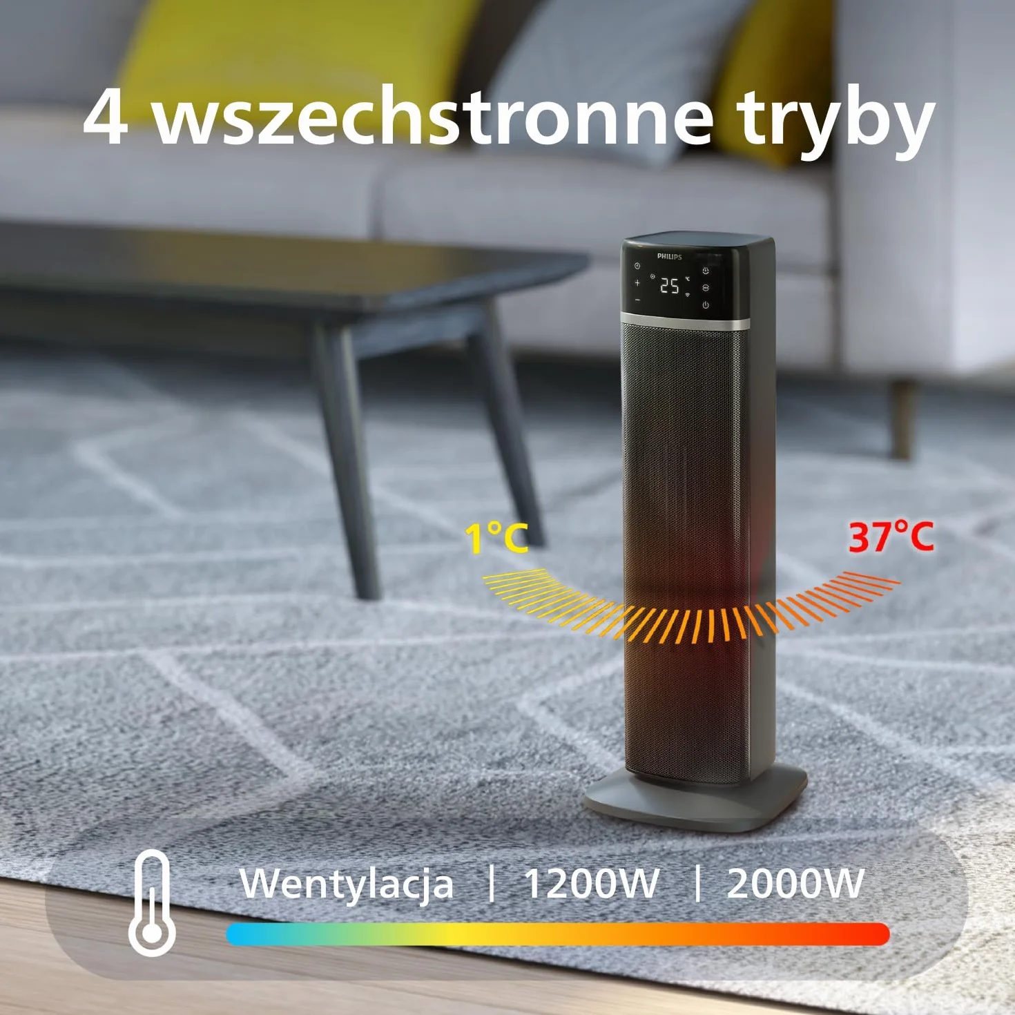 Termowentylator Philips serii 5000, energooszczędny (do 50%), podłączony do aplikacji, 2000W, wyświetlacz temp., 5 funkcji bezpieczeństwa, 4 tryby, oscylacja 60°, cichy, czarno-ciemnoszary (CX5120/11)