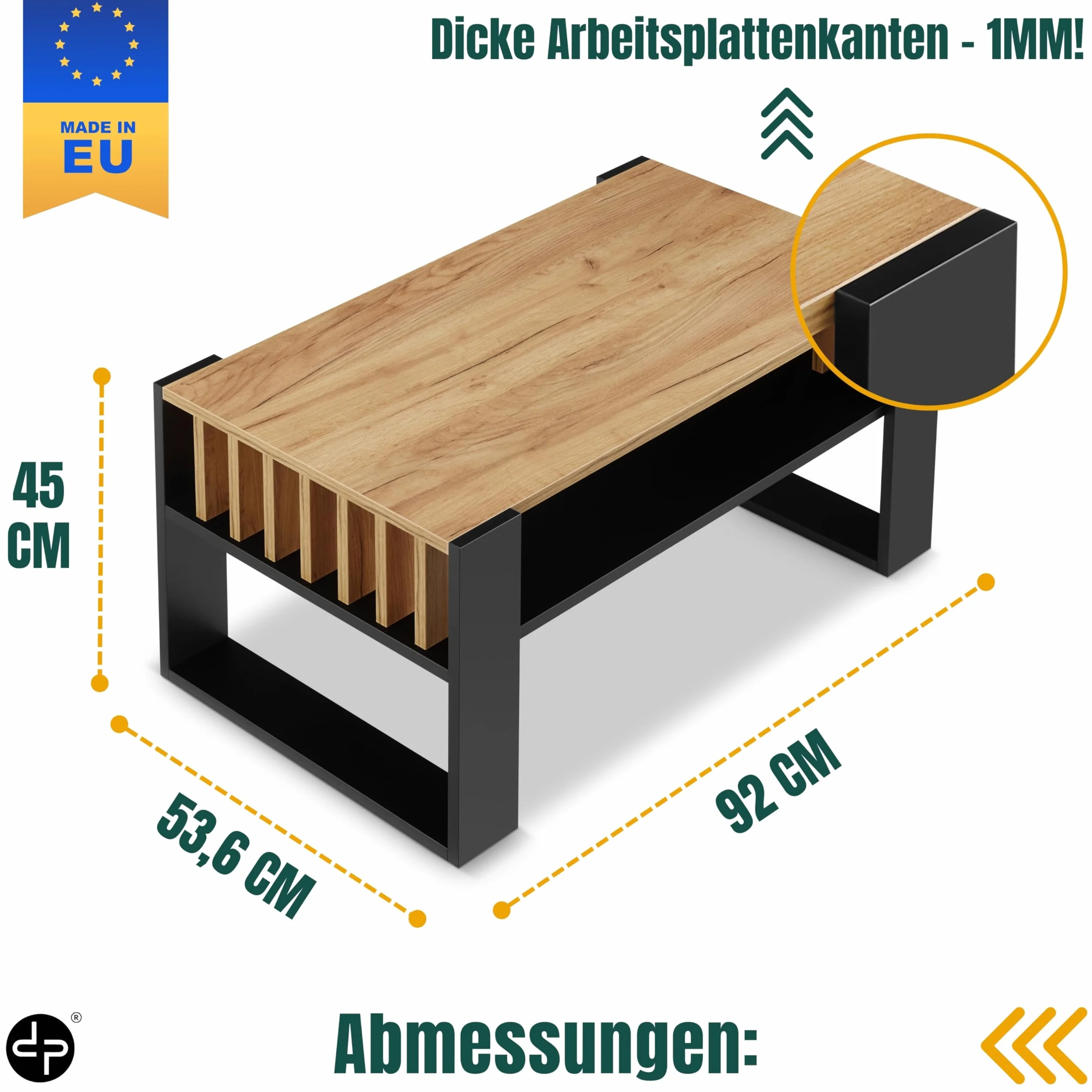 defiPad® Nowoczesny stolik kawowy z lammelami, szerokość 92 cm, duży stół do salonu, dąb | lity i stabilny | kolor czarny